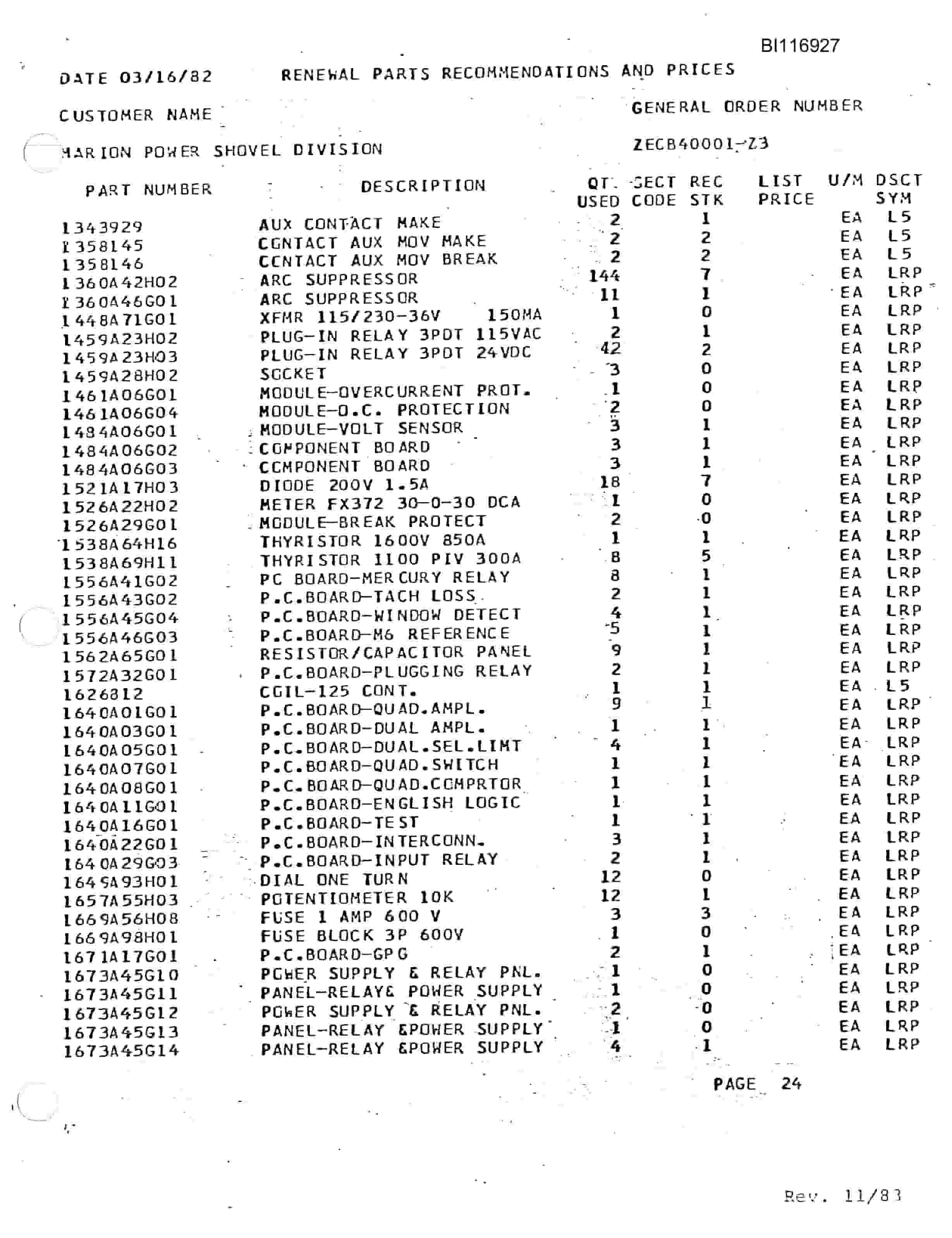 Bucyrus 8050 Walking Dragline Parts Catalog BI116927-4