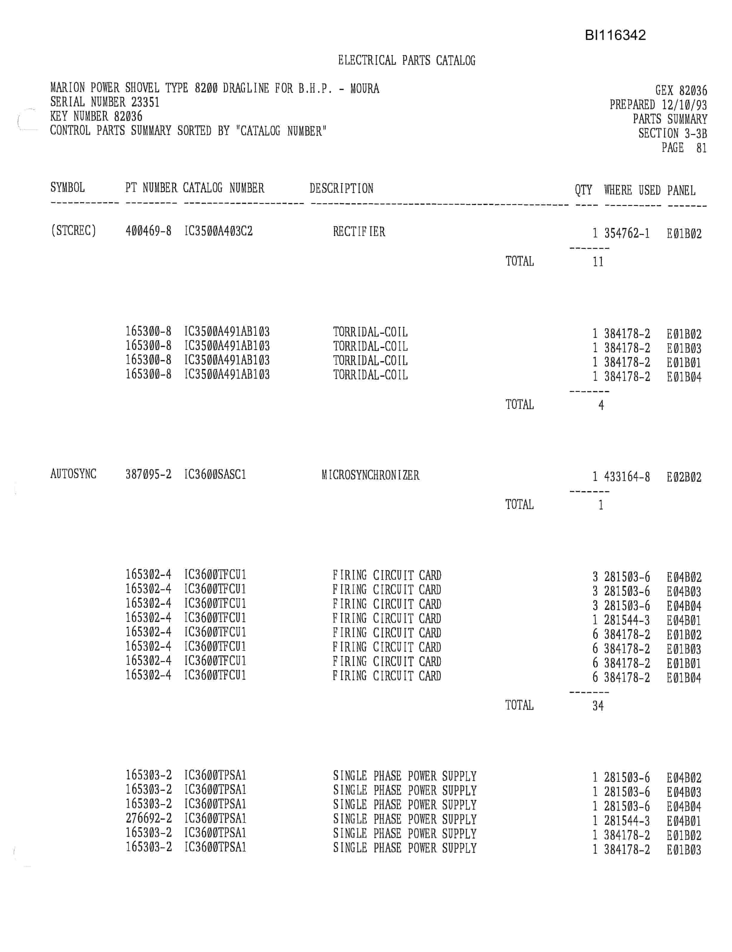 Bucyrus 8200-80 Parts Catalog BI116342-2