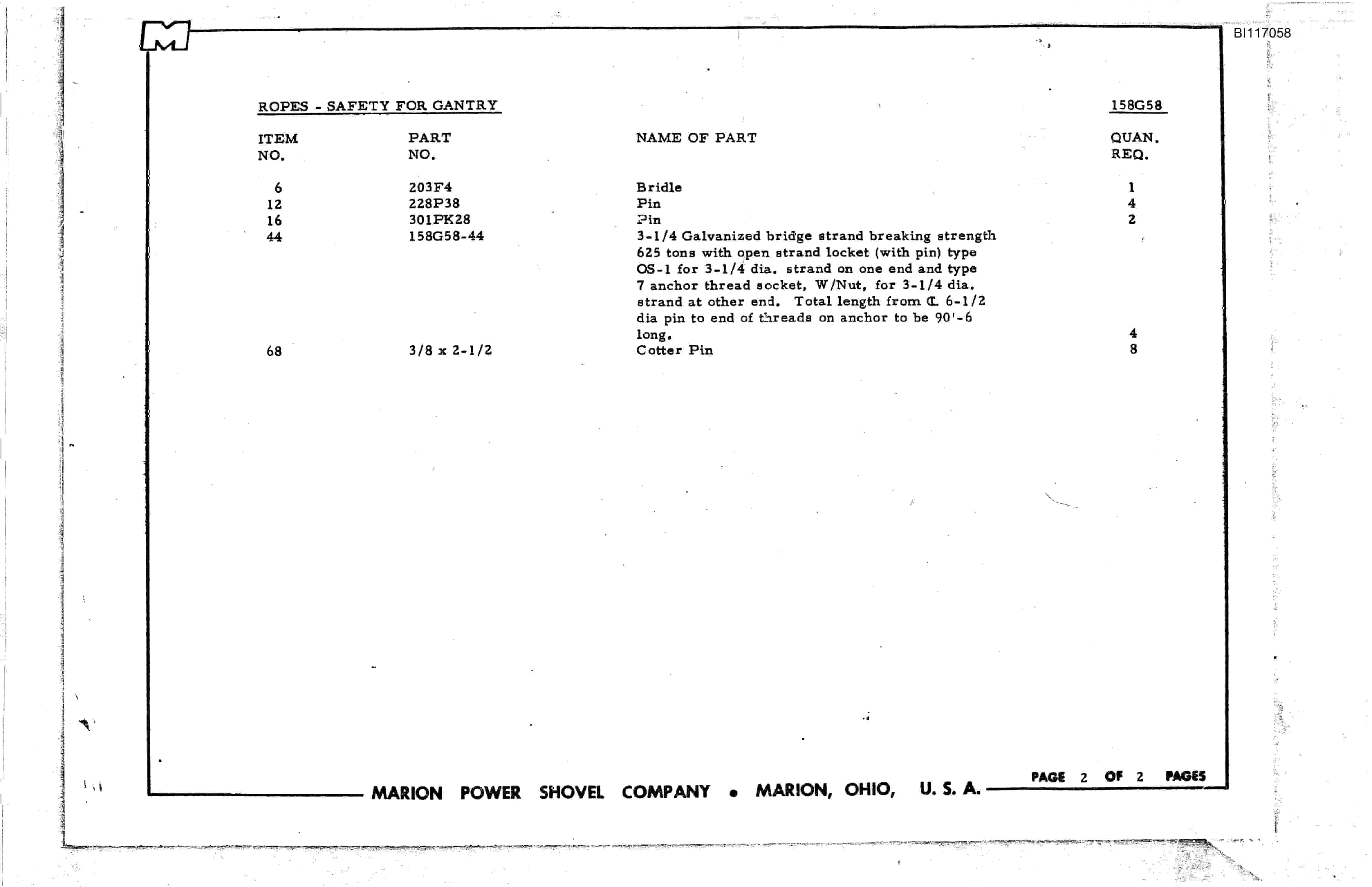 Bucyrus 8200 Parts Book BI117058-3