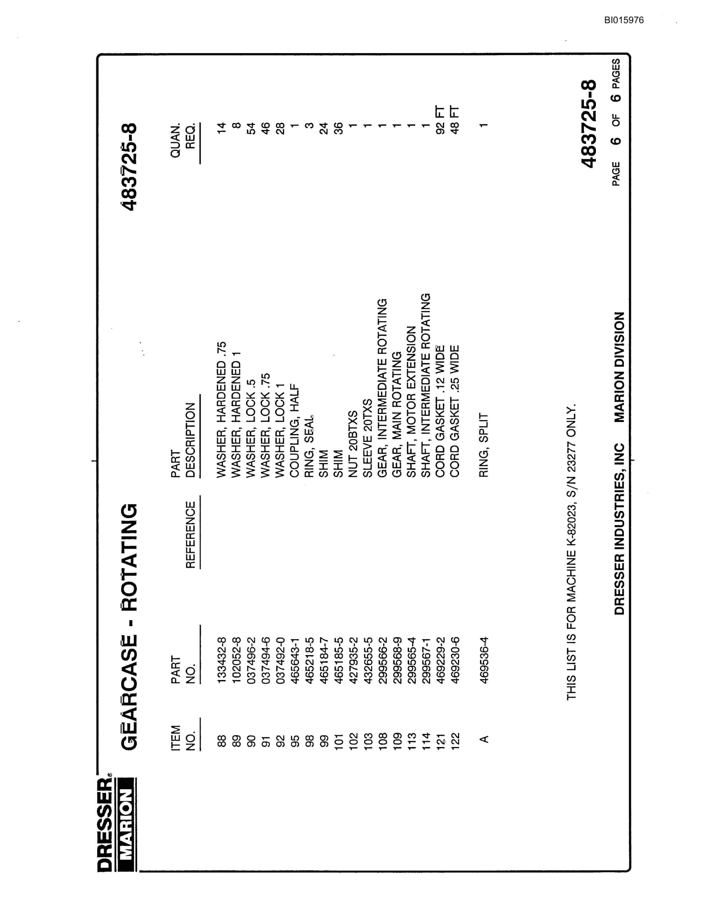 Bucyrus 8200 Parts Catalog BI015976-3