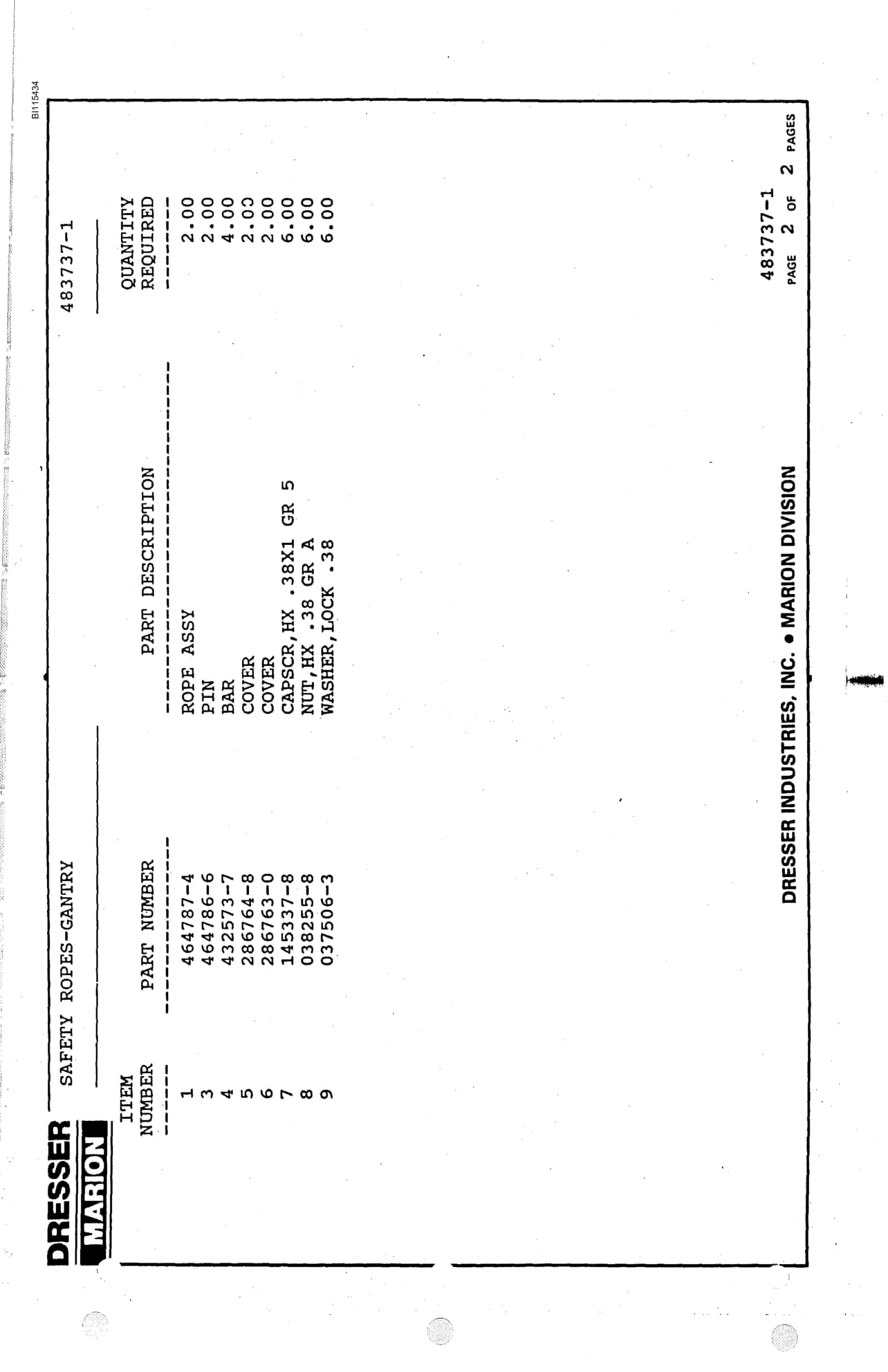 Bucyrus 8200 Parts Catalog BI115434-5