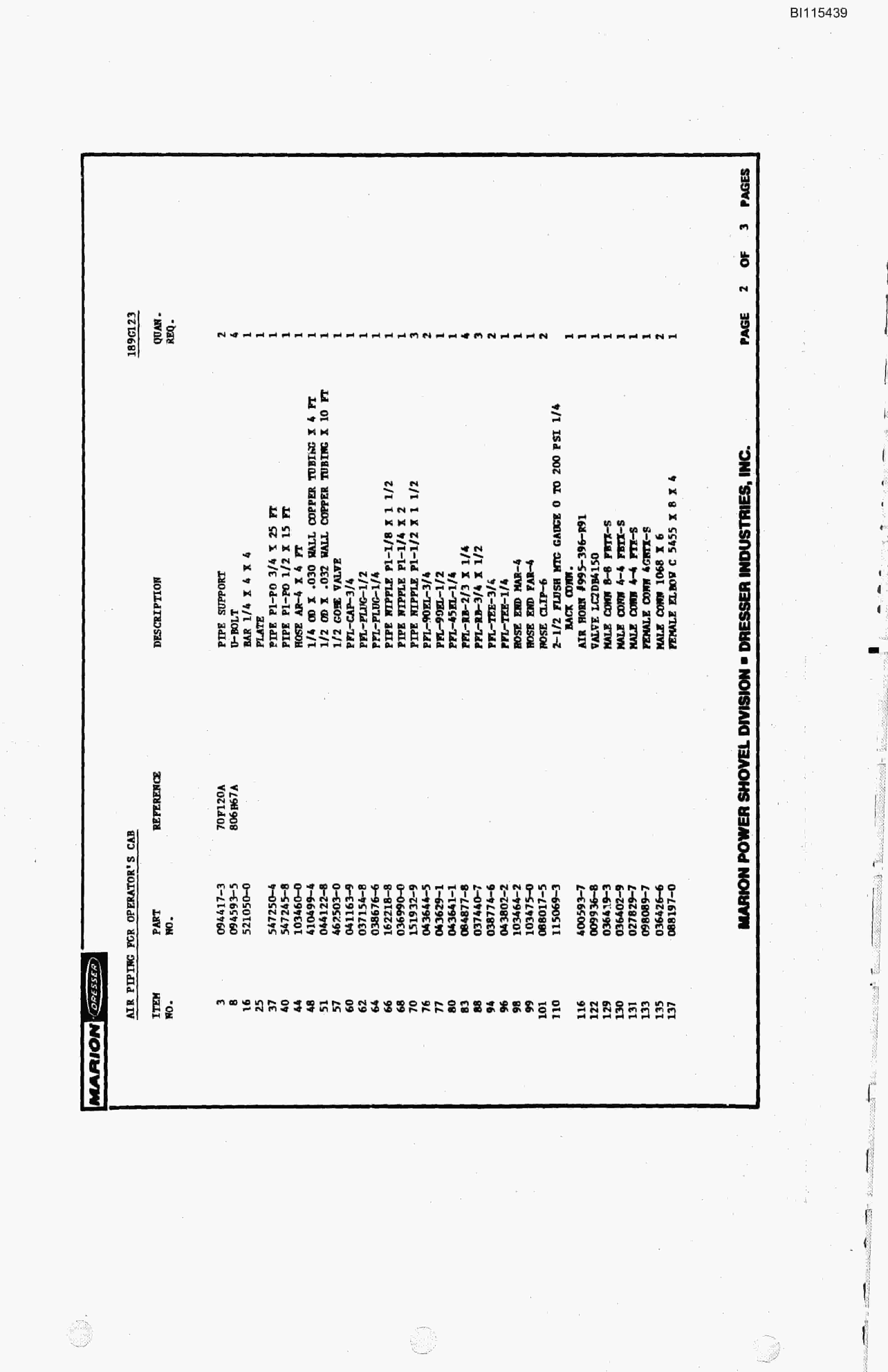 Bucyrus 8200 Parts Catalog BI115439-3