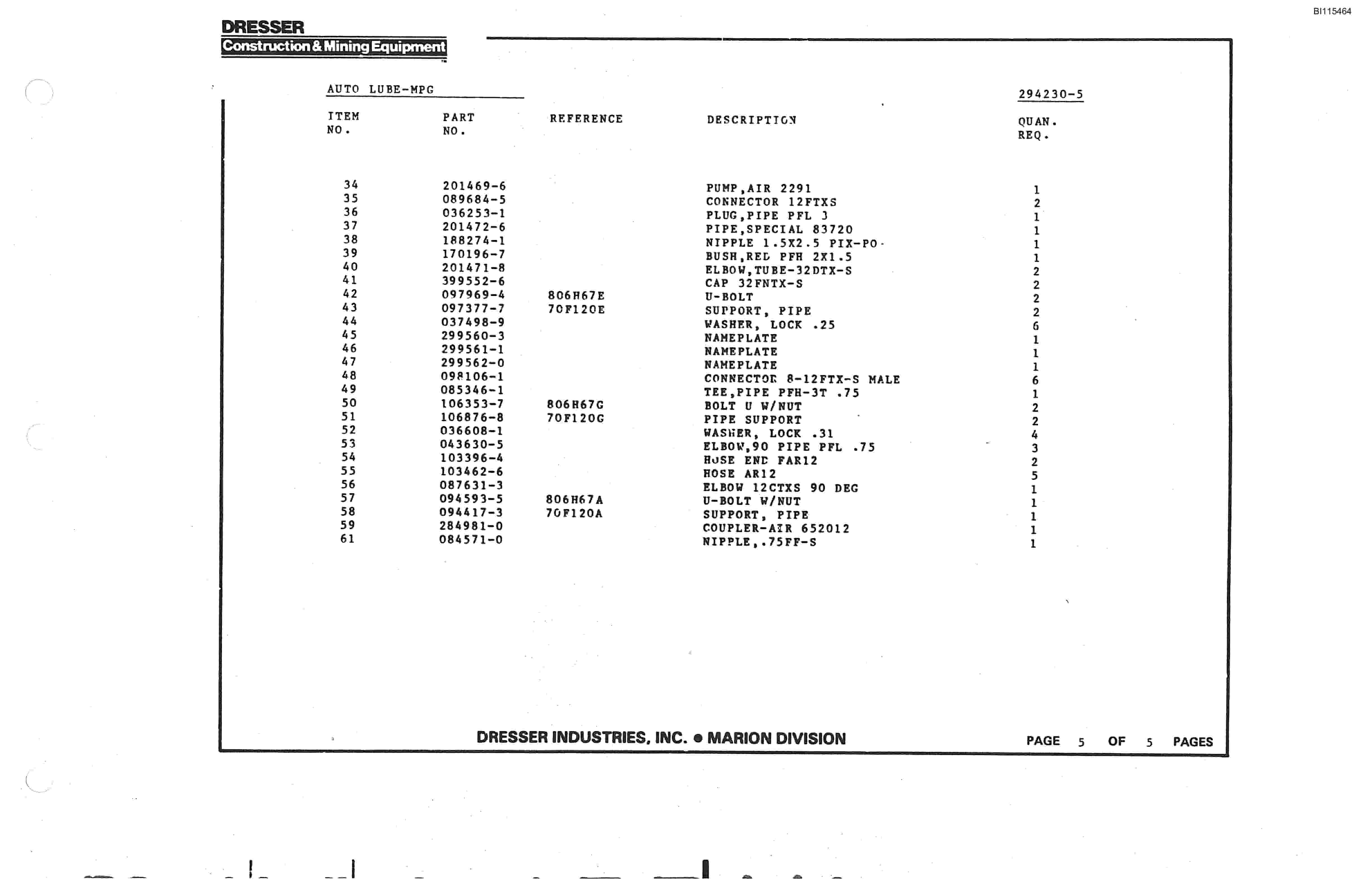 Bucyrus 8200 Parts Catalog BI115464-2