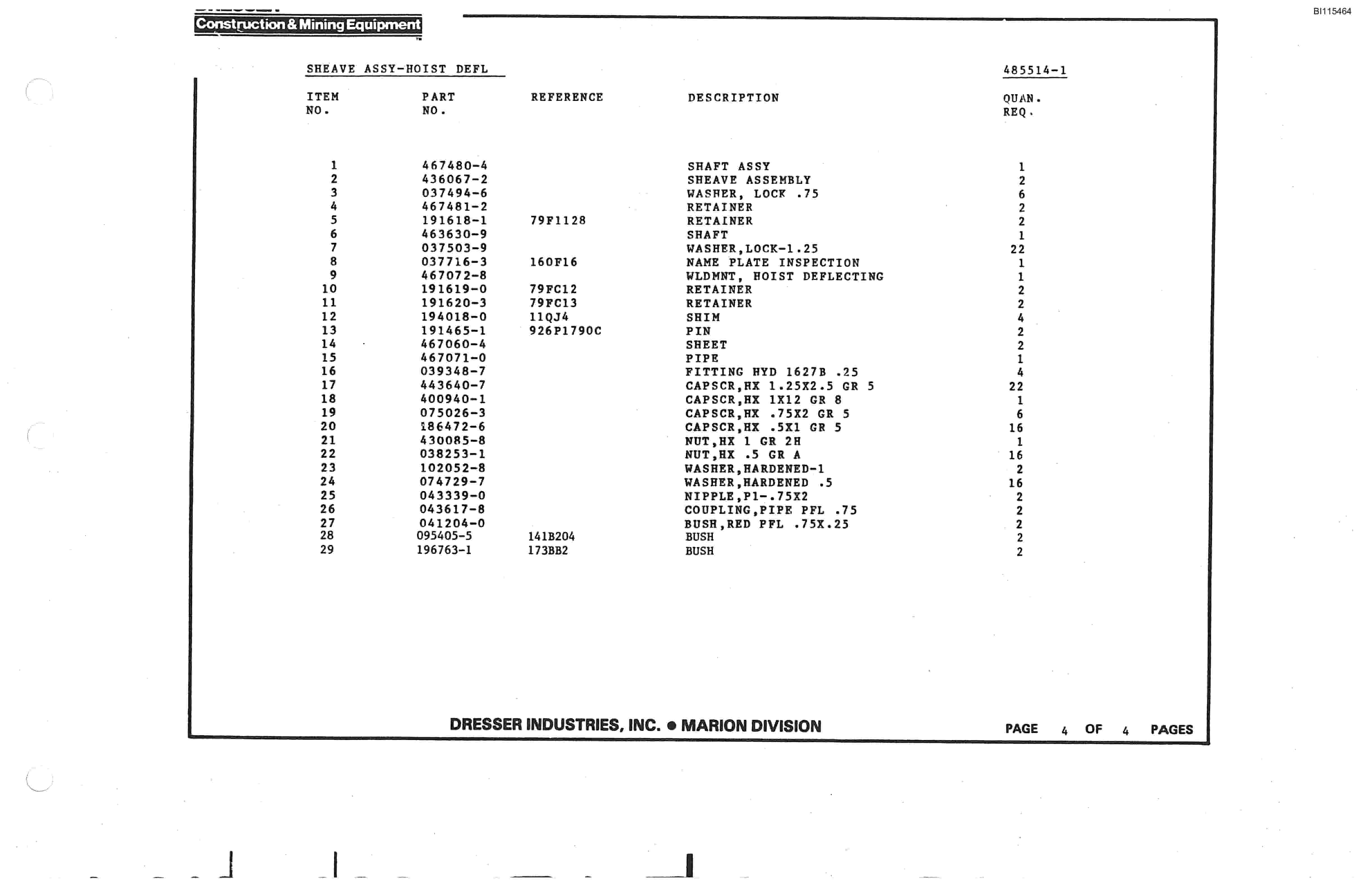 Bucyrus 8200 Parts Catalog BI115464-4