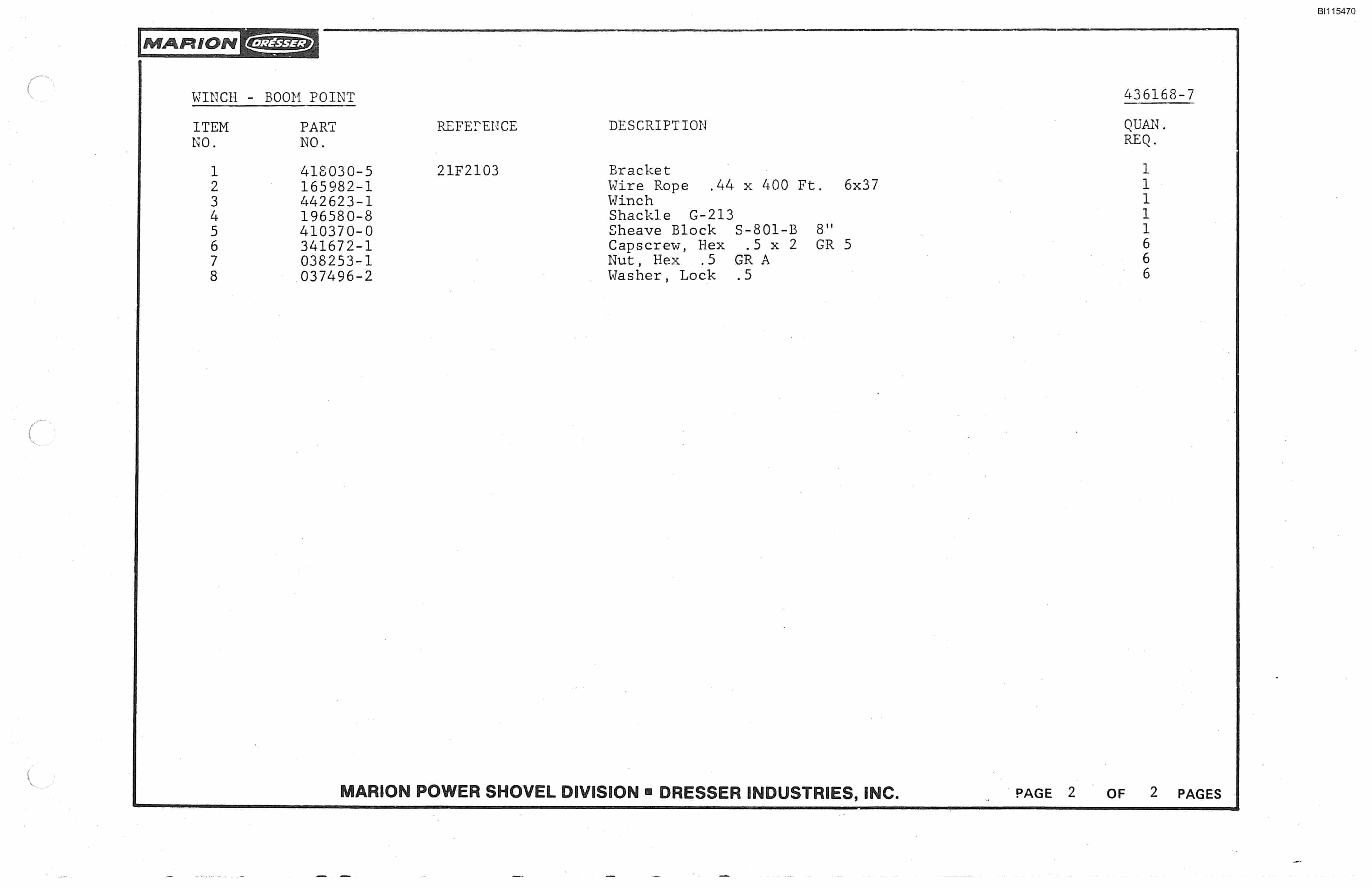Bucyrus 8200 Parts Catalog BI115470-2