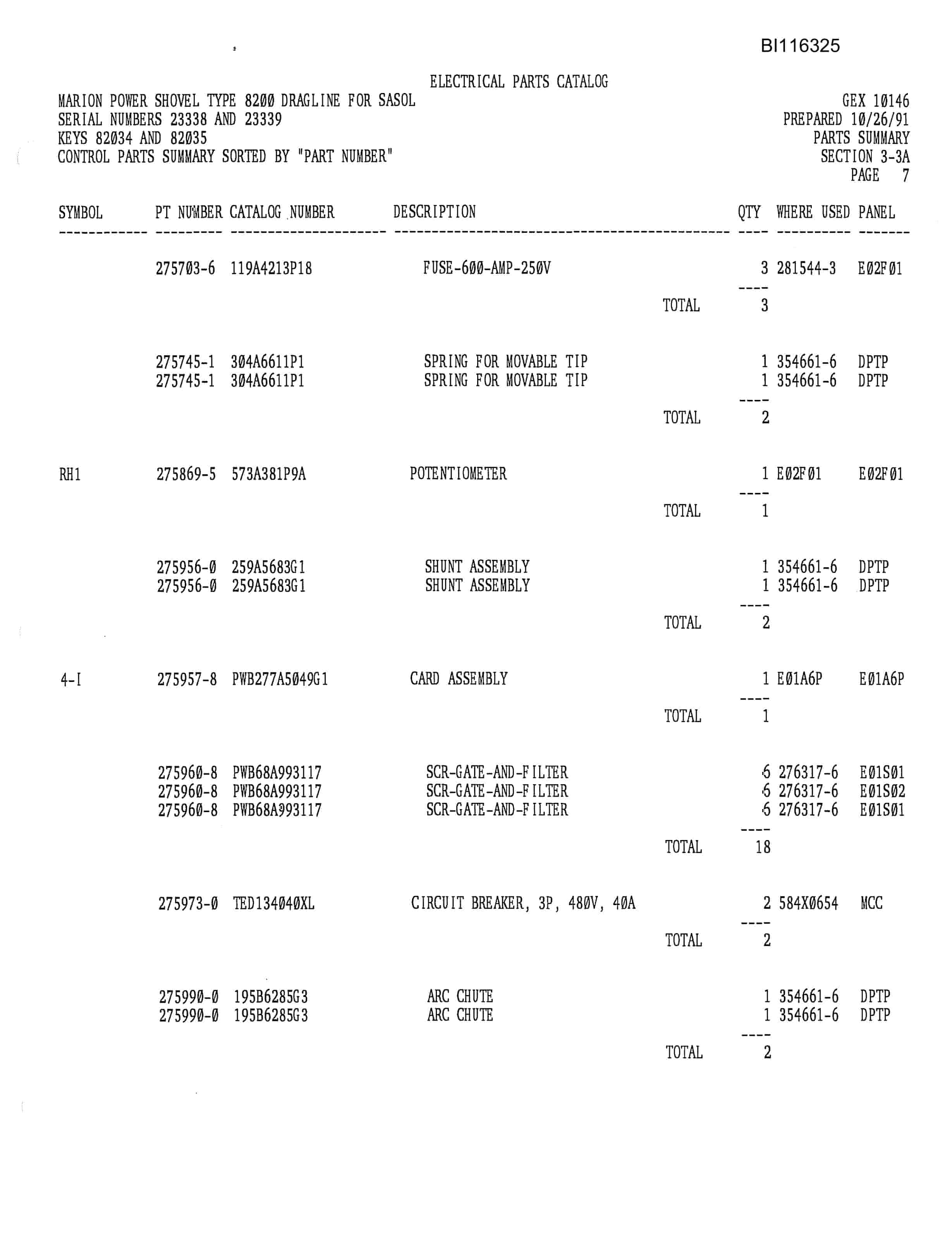 Bucyrus 8200 Parts Catalog BI116325-2