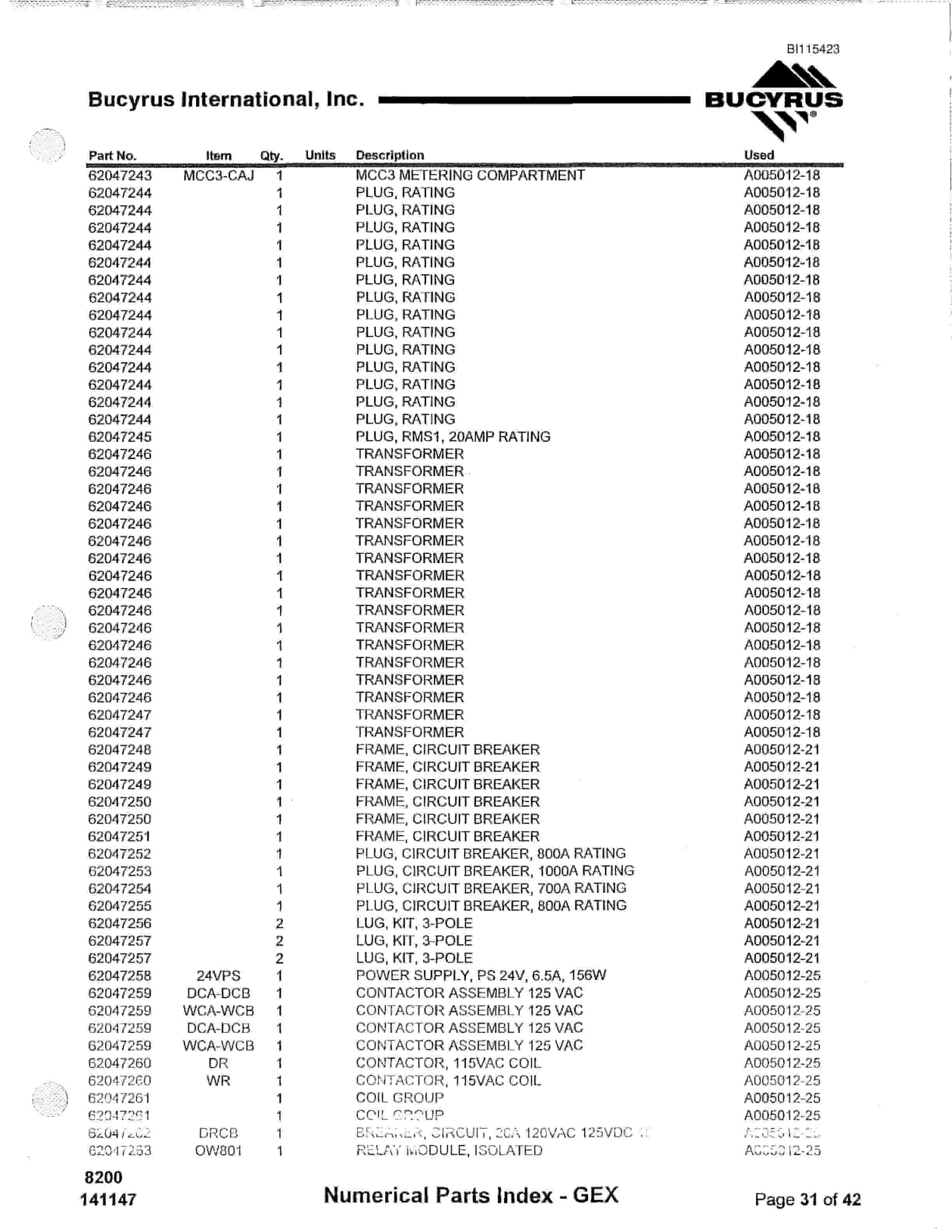 Bucyrus 8200 Walking Dragline Parts Catalog BI115423-4