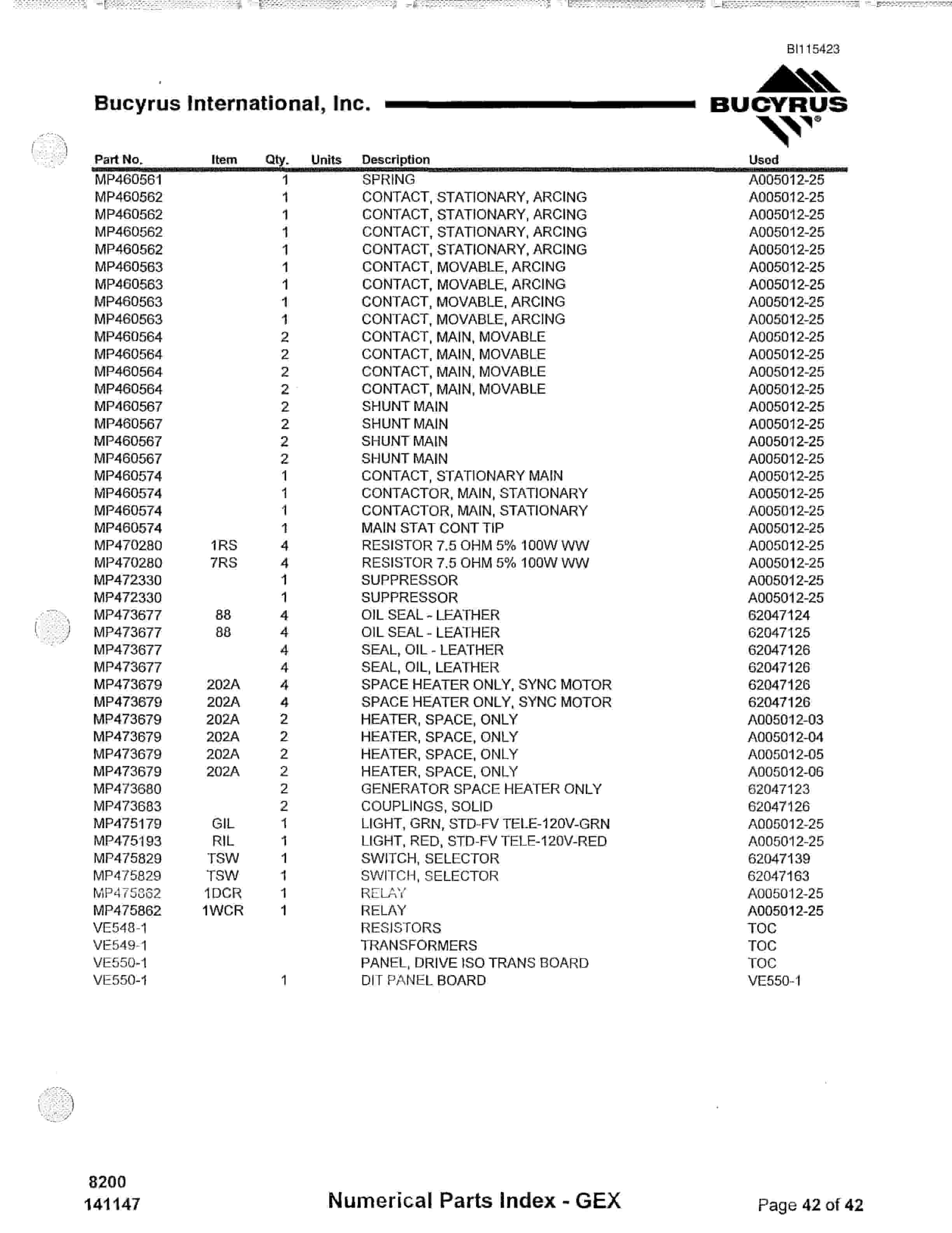 Bucyrus 8200 Walking Dragline Parts Catalog BI115423-5
