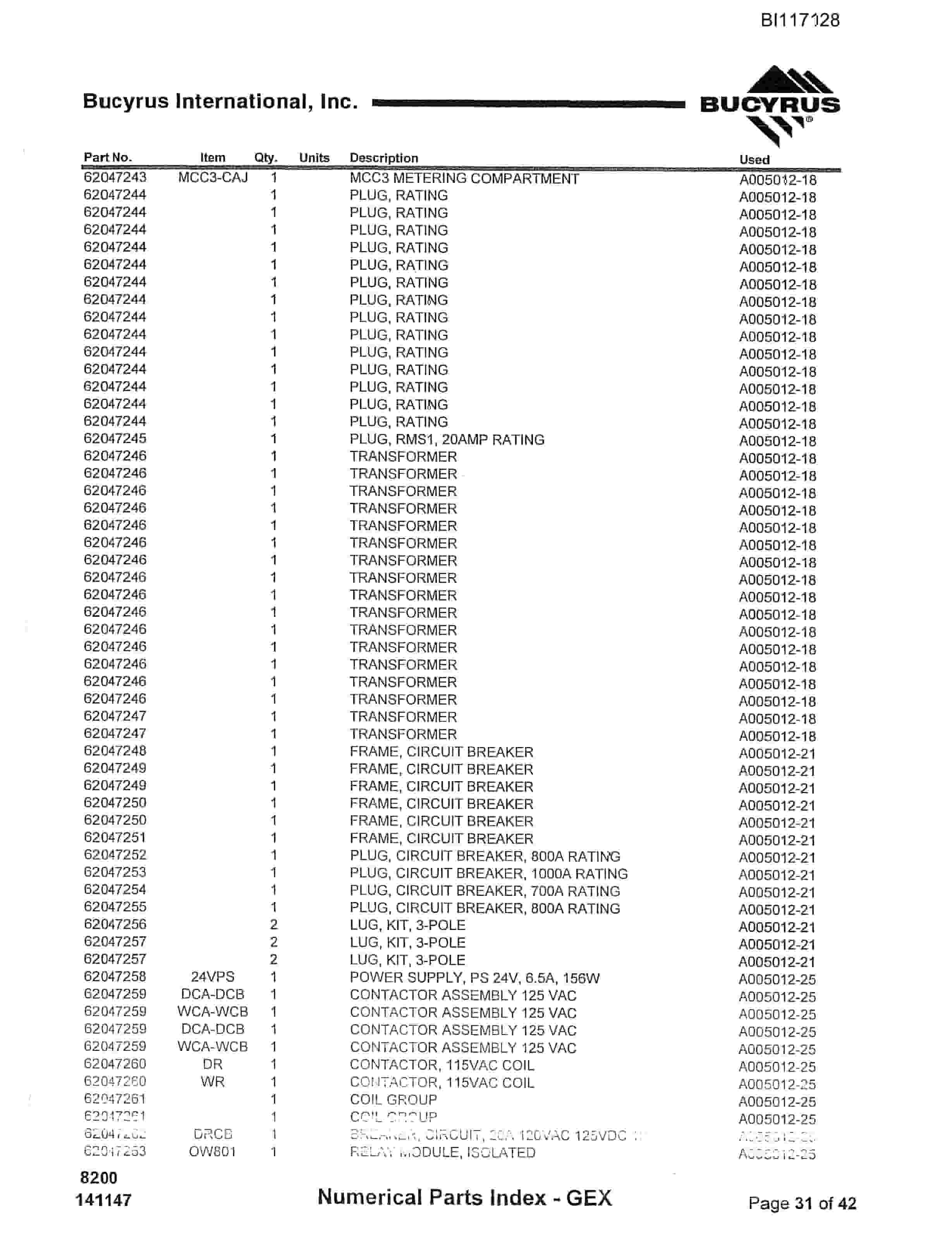Bucyrus 8200 Walking Dragline Parts Catalog BI117128-4