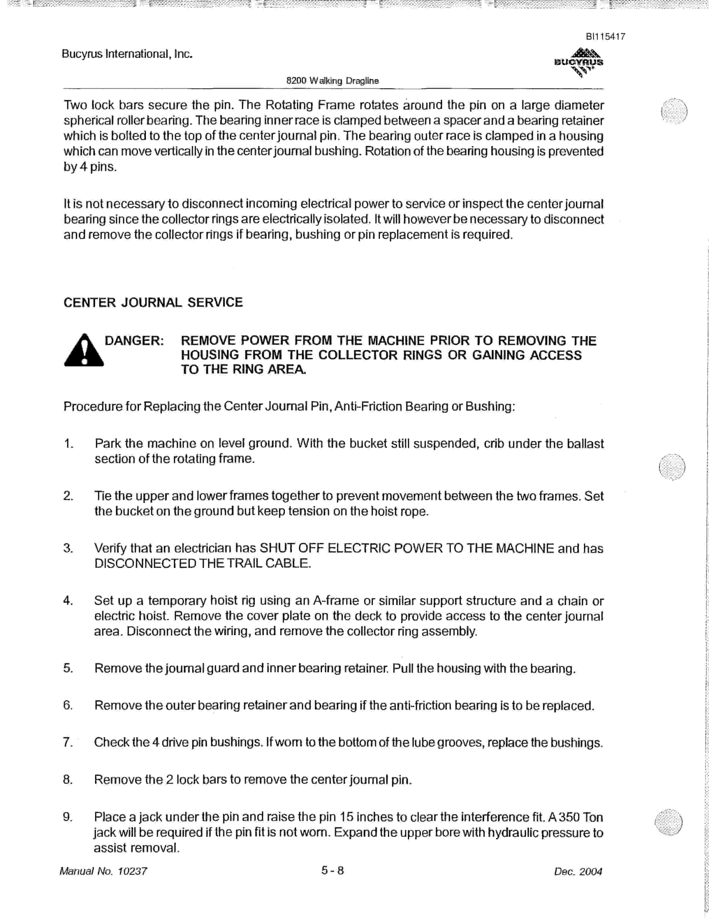 Bucyrus 8200 Walking Dragline Technical Manual BI115417-2