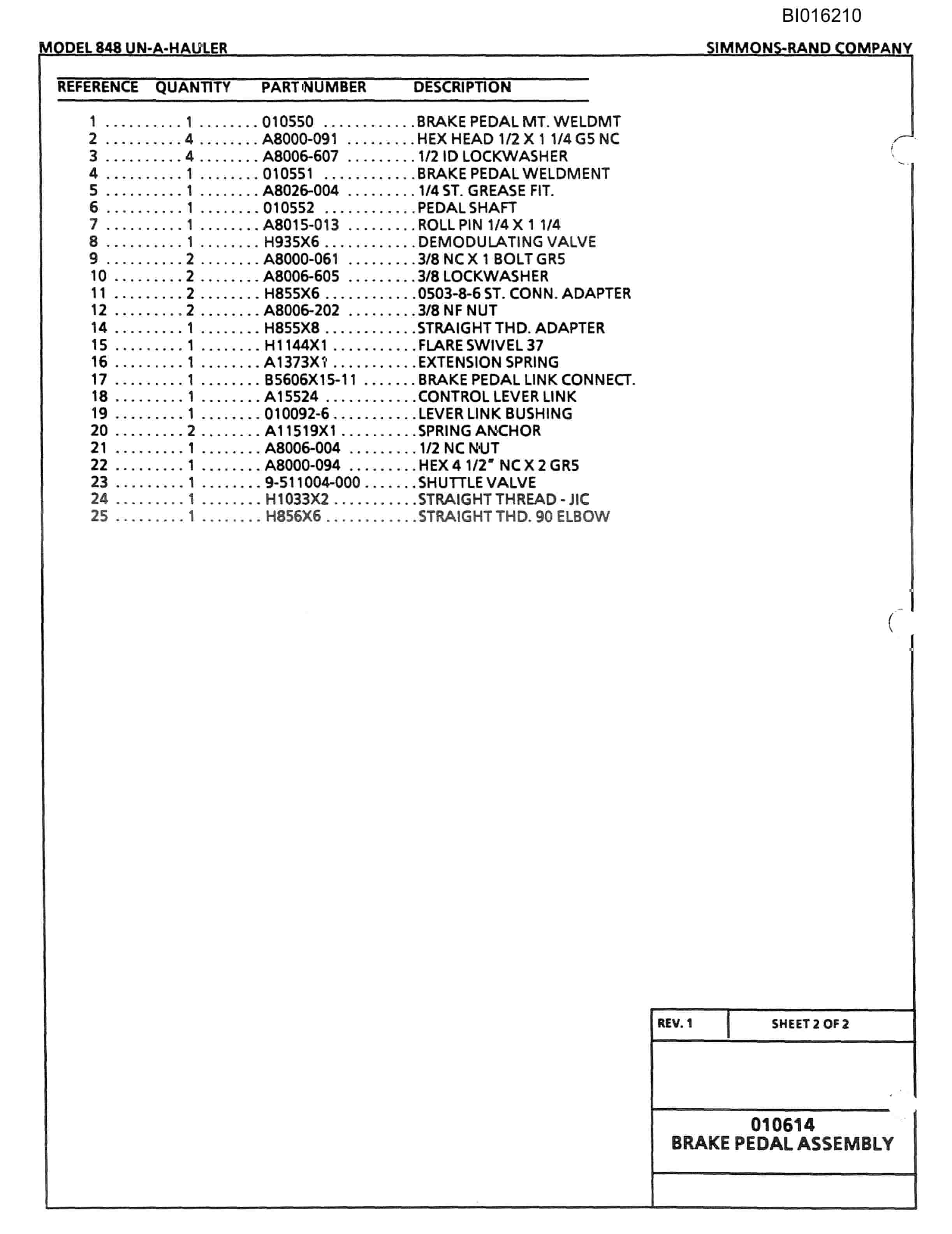 Bucyrus 848 Parts Catalog BI016210-3
