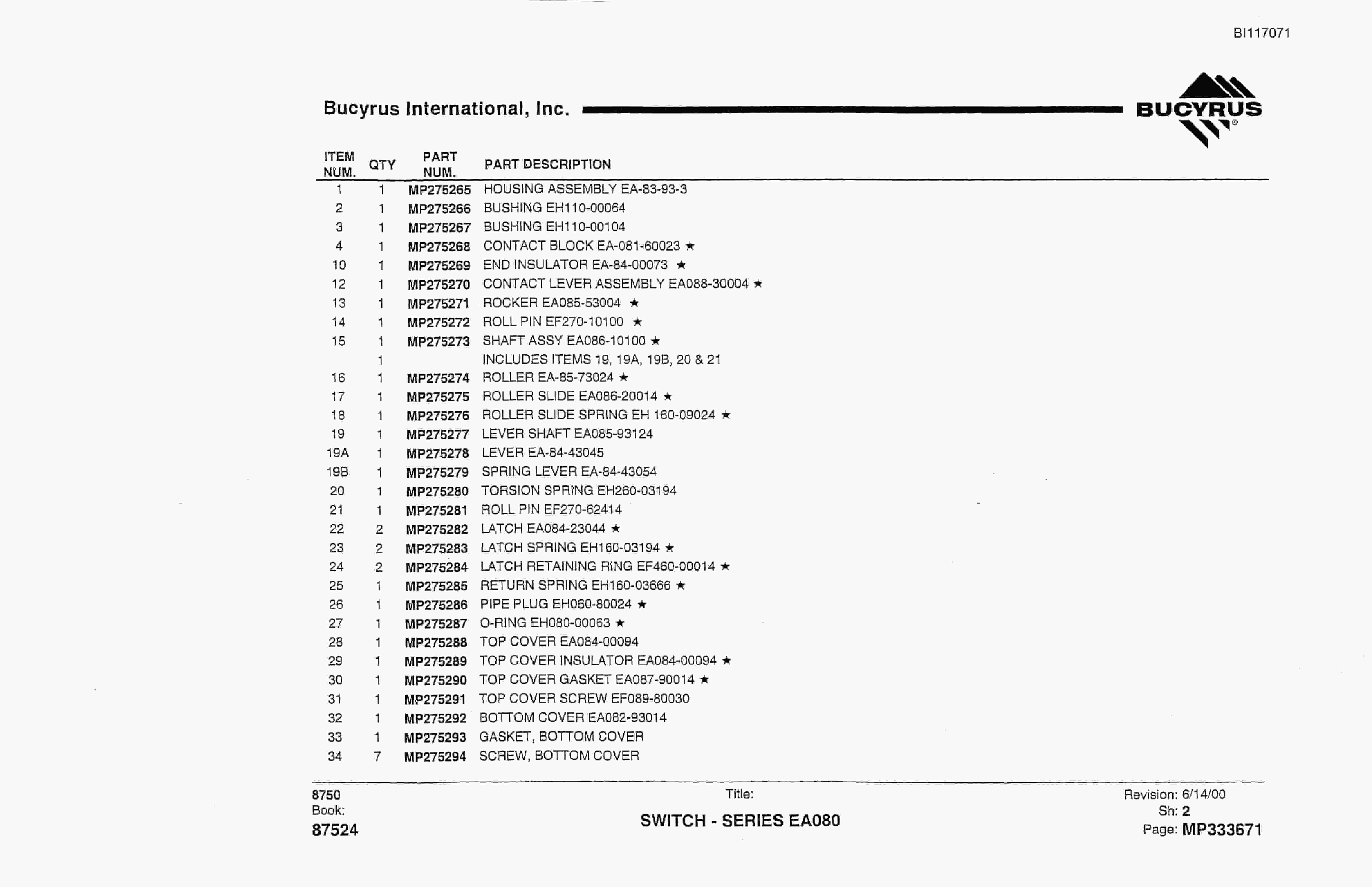 Bucyrus 8750 Parts Book BI117071-5