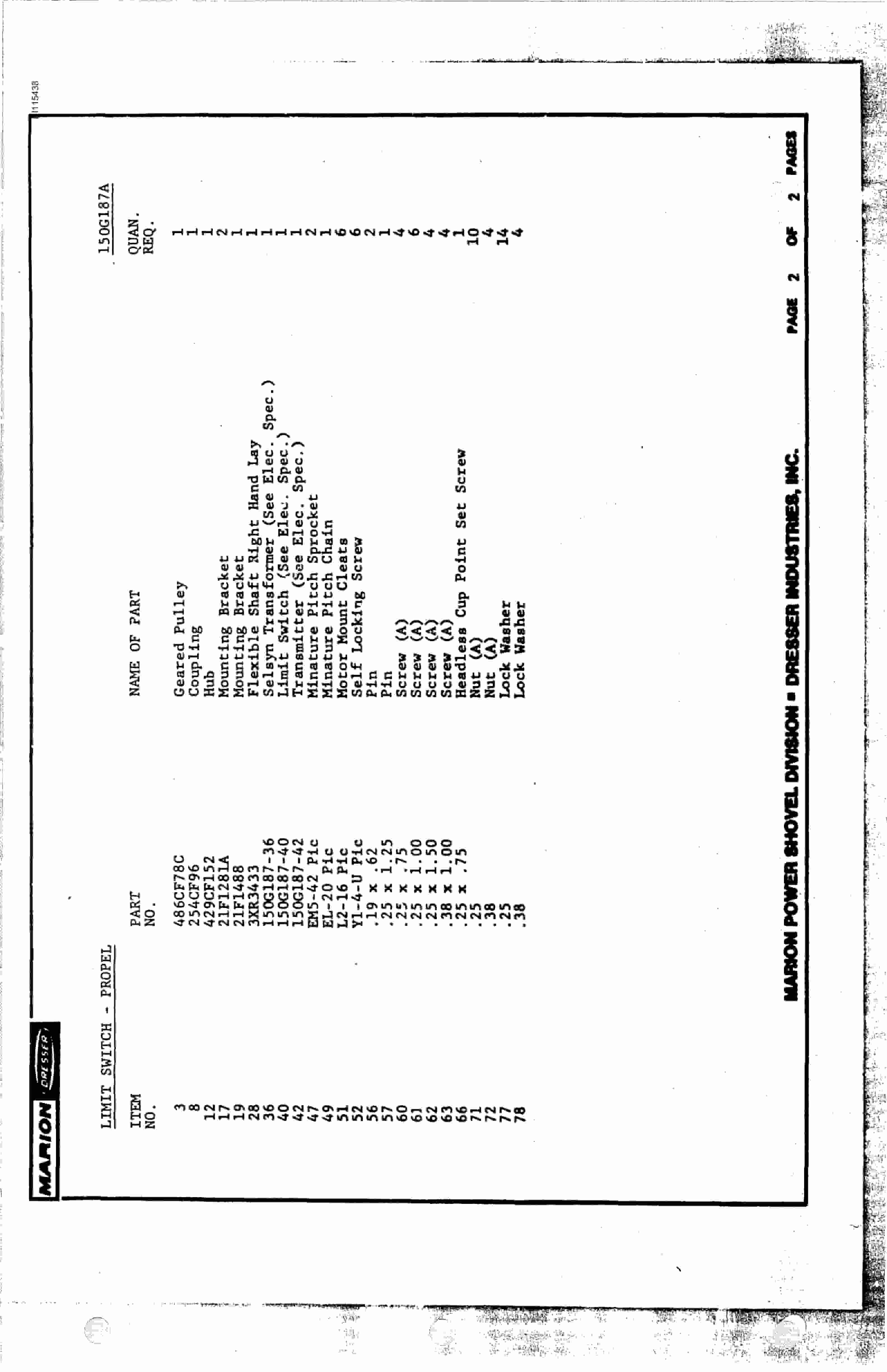 Bucyrus 8750 Parts Catalog BI115438-4