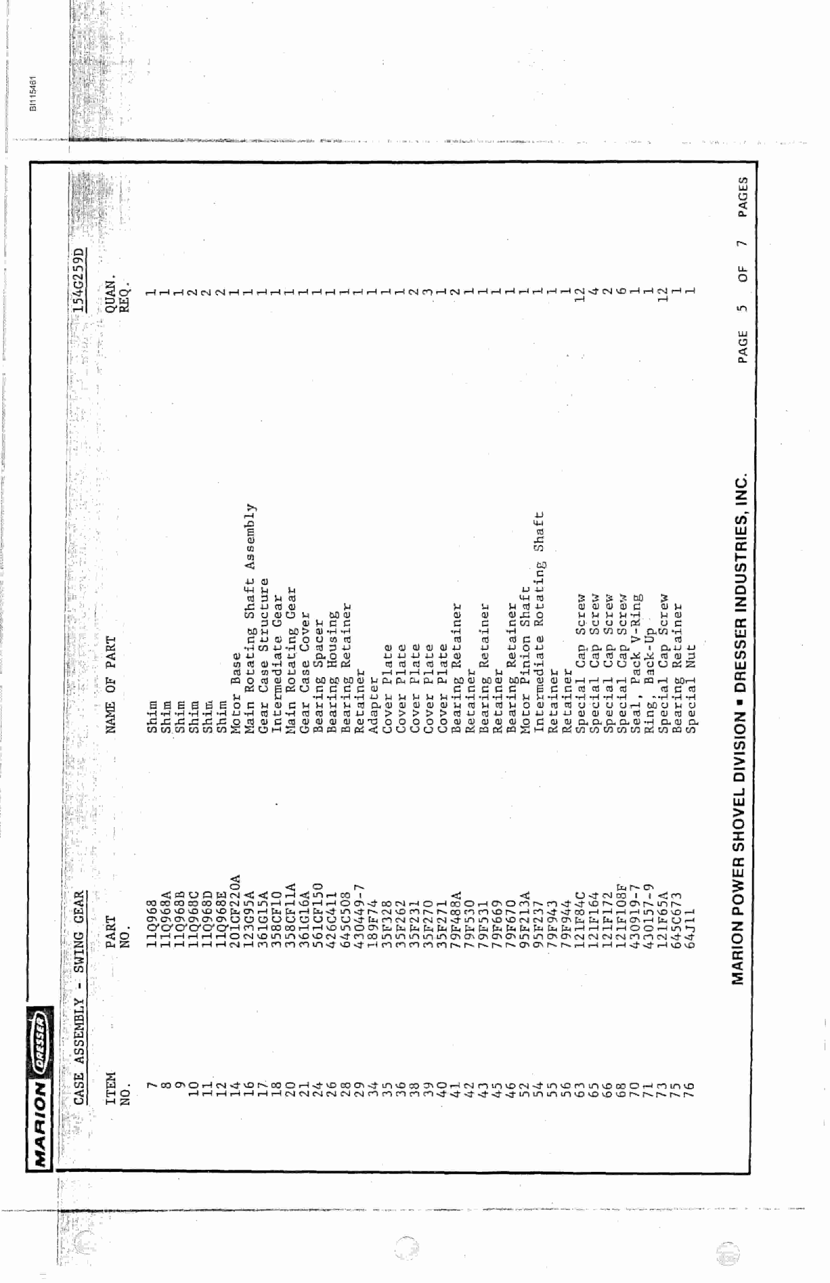 Bucyrus 8750 Parts Catalog BI115461-2