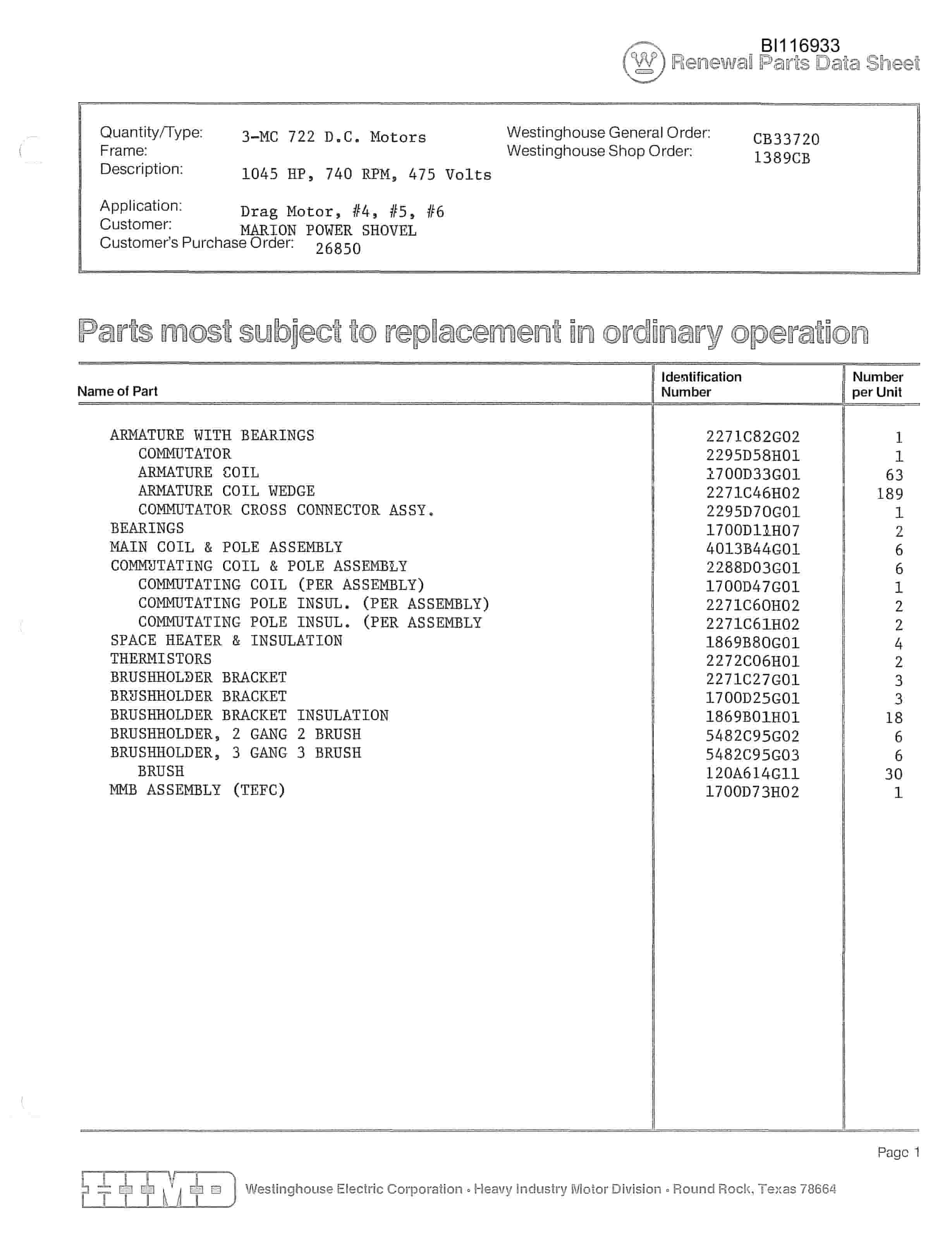 Bucyrus 8750 Parts Catalog BI116933-2