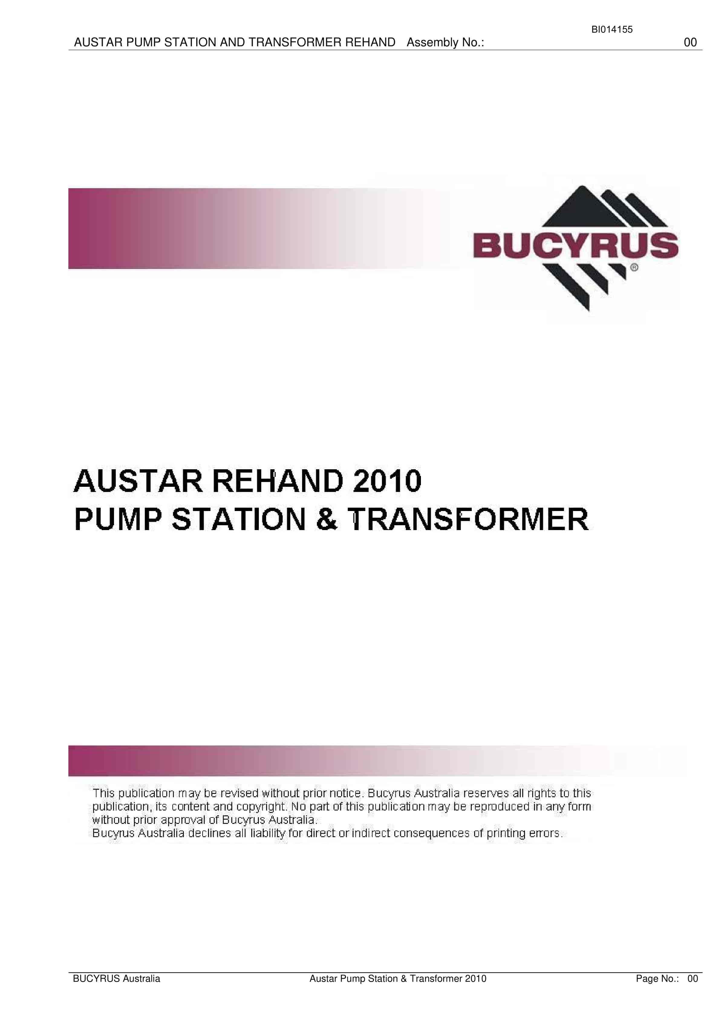 Bucyrus Austar Pump Station And Transformer Rehand Parts Manual BI014155