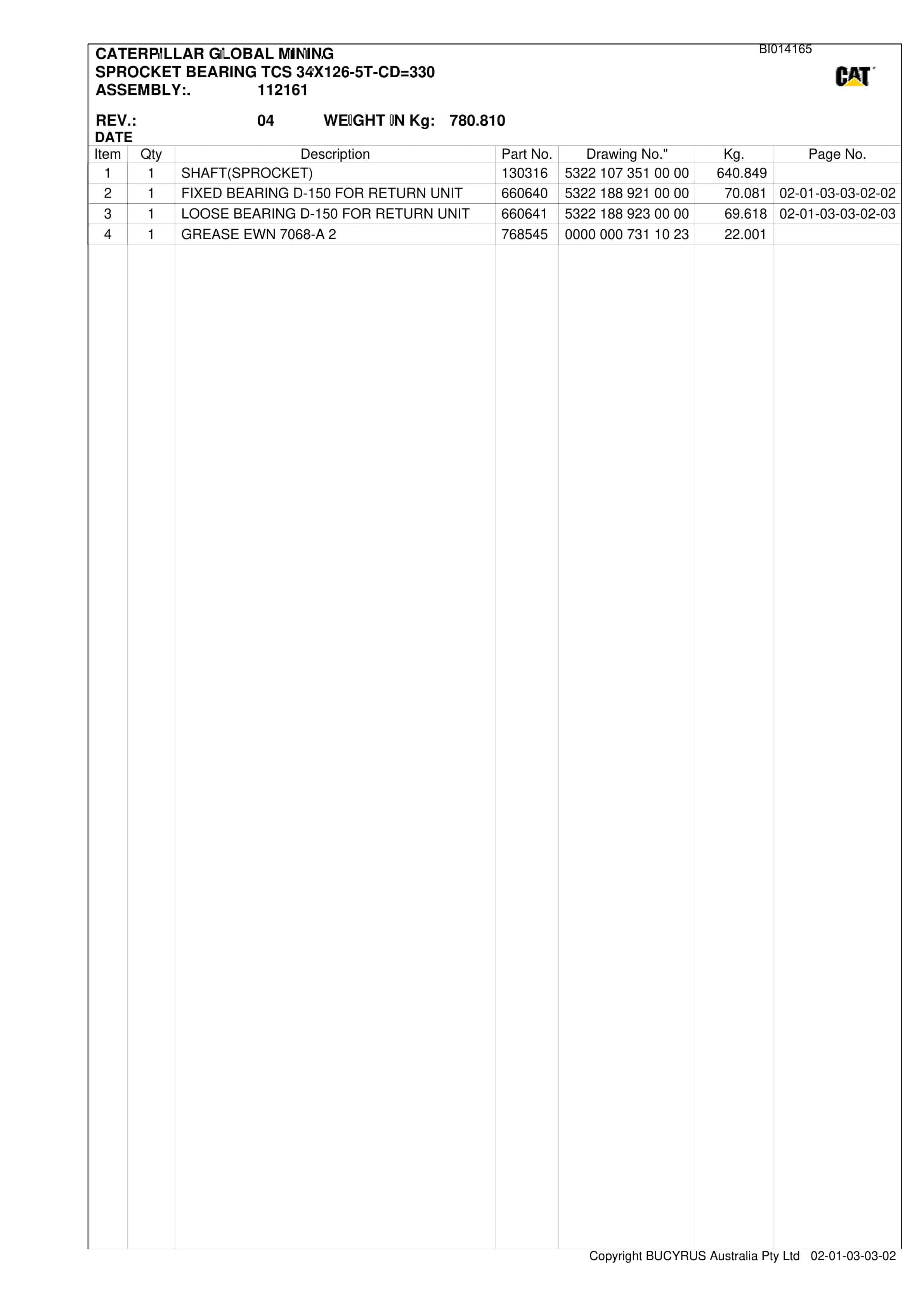 Bucyrus Austar Rehand 2010 AFC Set 1 Parts Manual BI014165-2