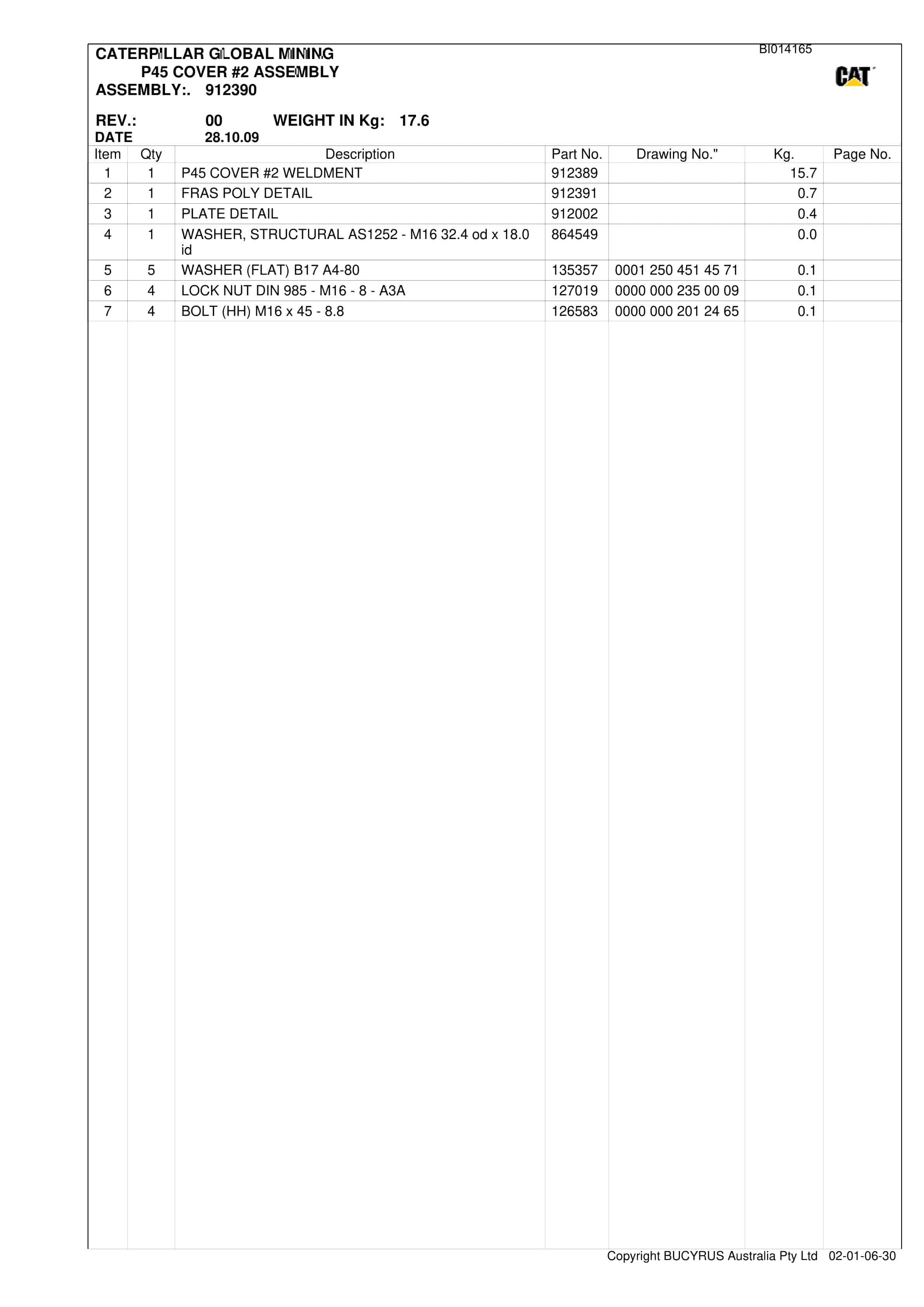 Bucyrus Austar Rehand 2010 AFC Set 1 Parts Manual BI014165-3