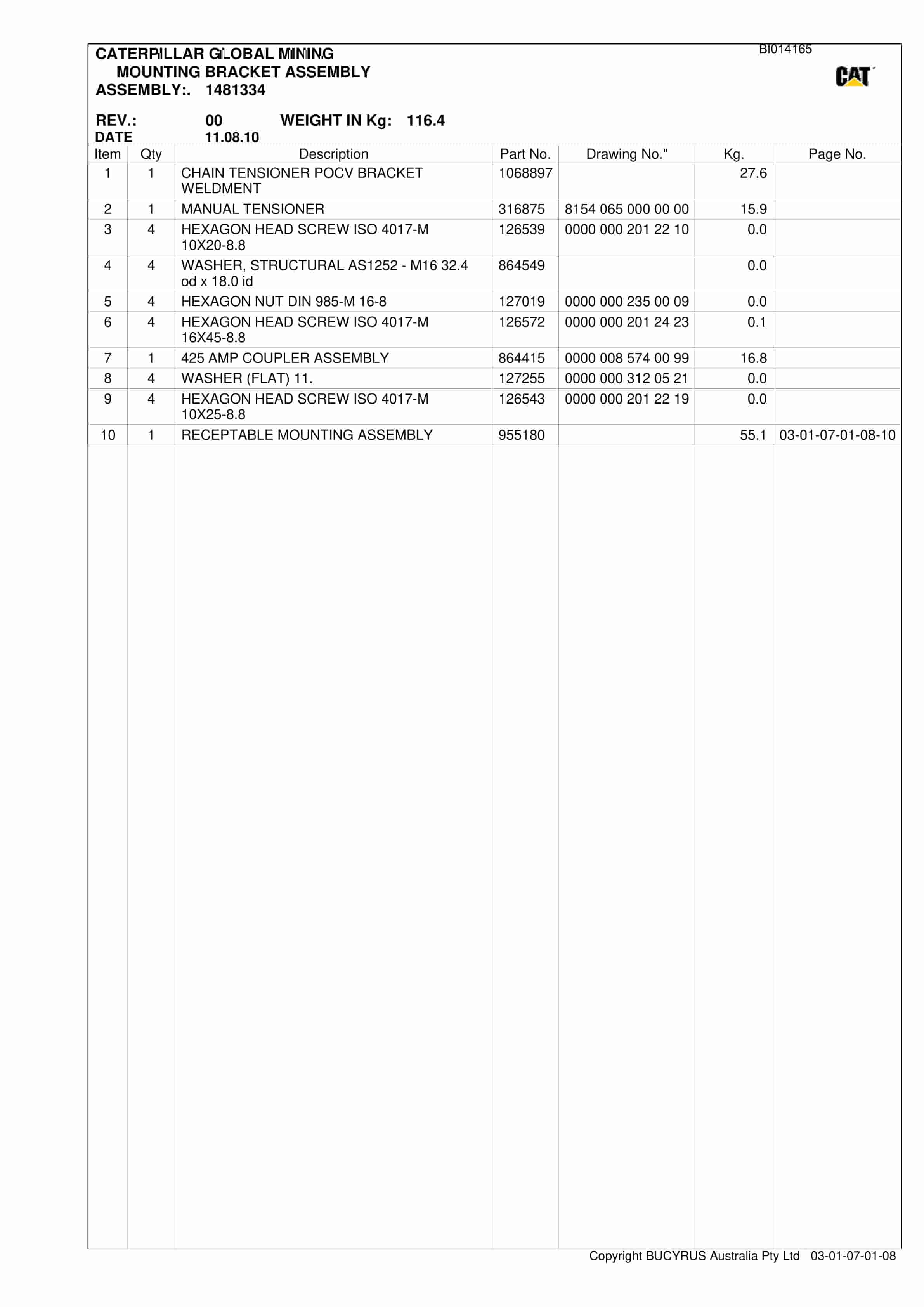 Bucyrus Austar Rehand 2010 AFC Set 1 Parts Manual BI014165-5