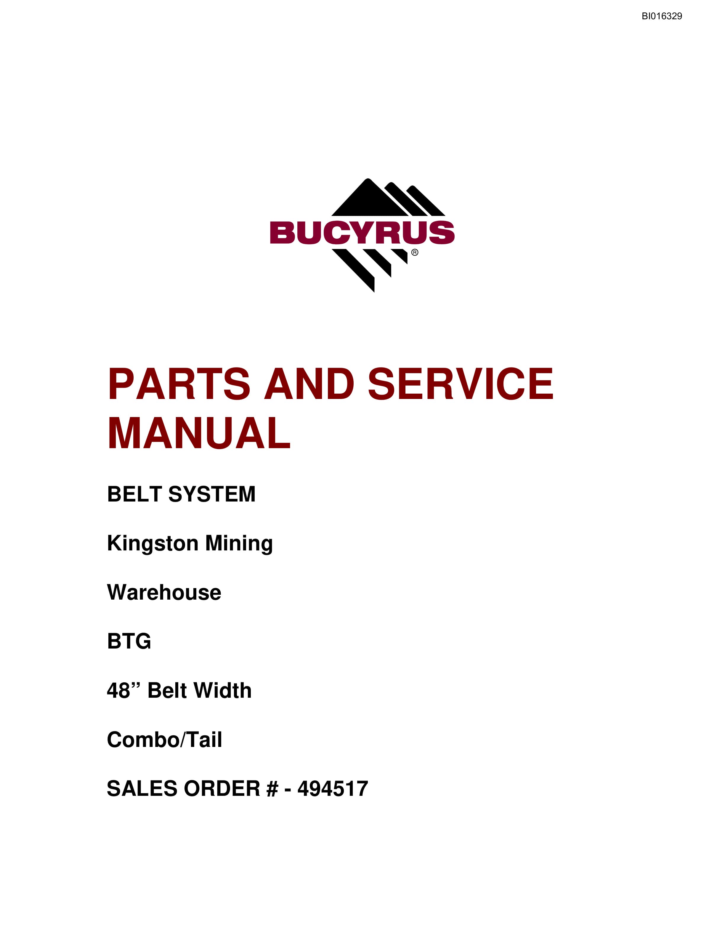 Bucyrus Belt System Parts And Service Manual BI016329