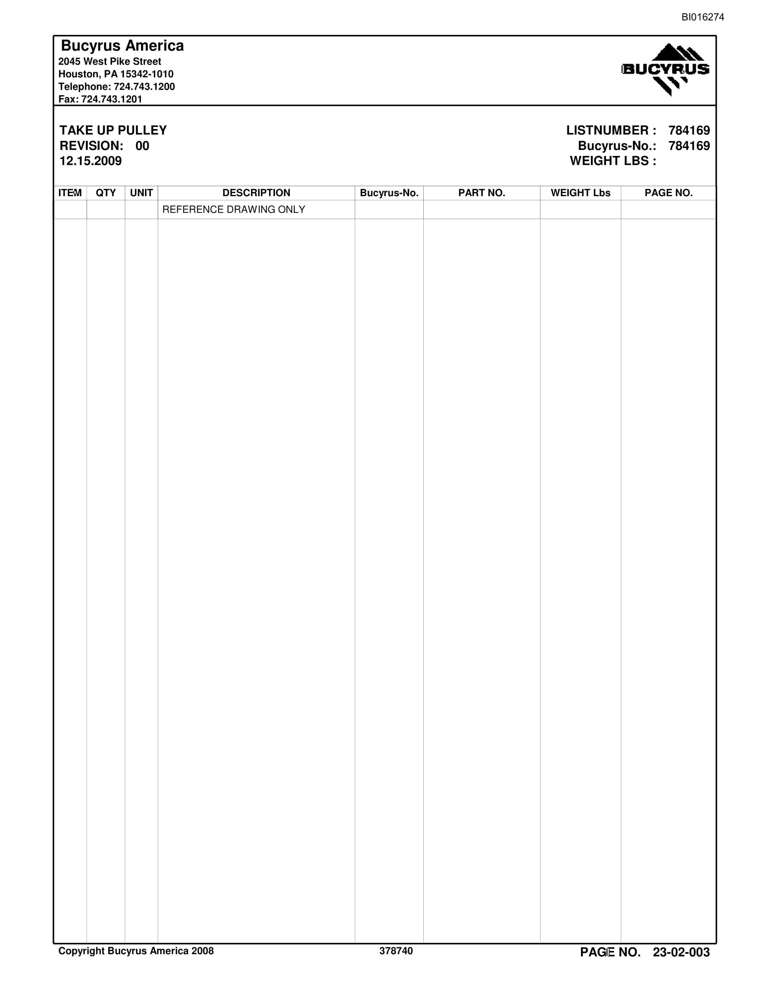 Bucyrus Belt System Parts Catalog BI016274-3