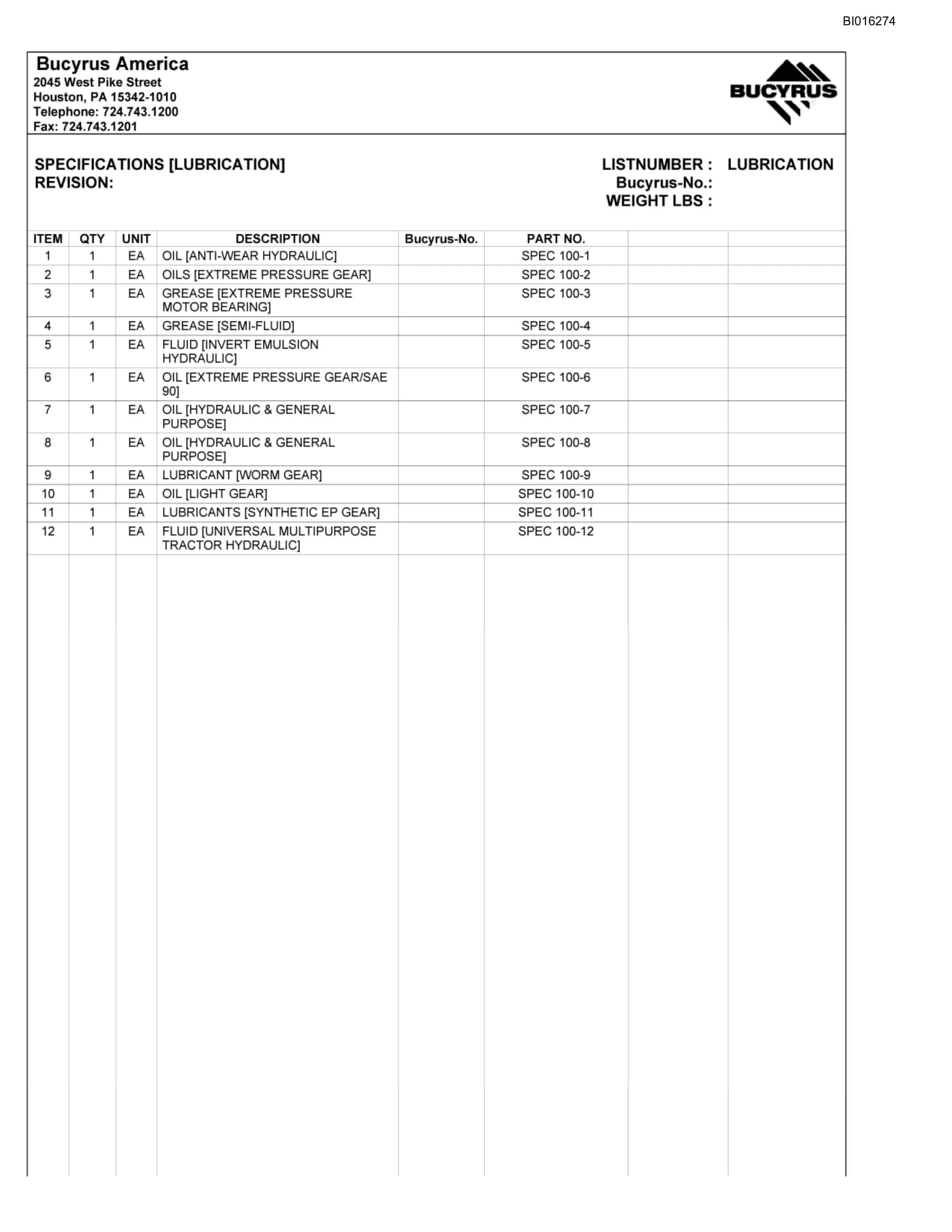 Bucyrus Belt System Parts Catalog BI016274-5