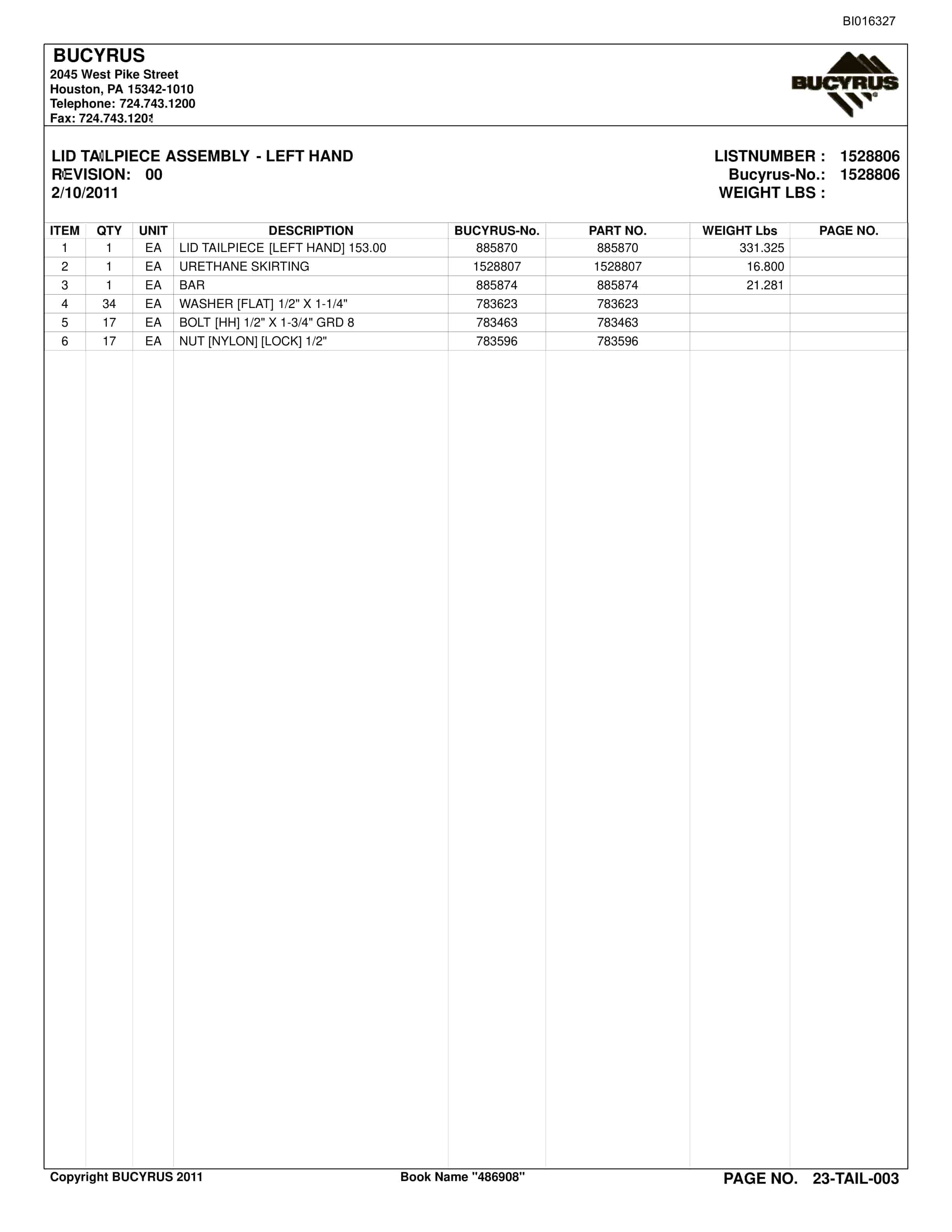 Bucyrus Belt System Parts Catalog BI016327-3