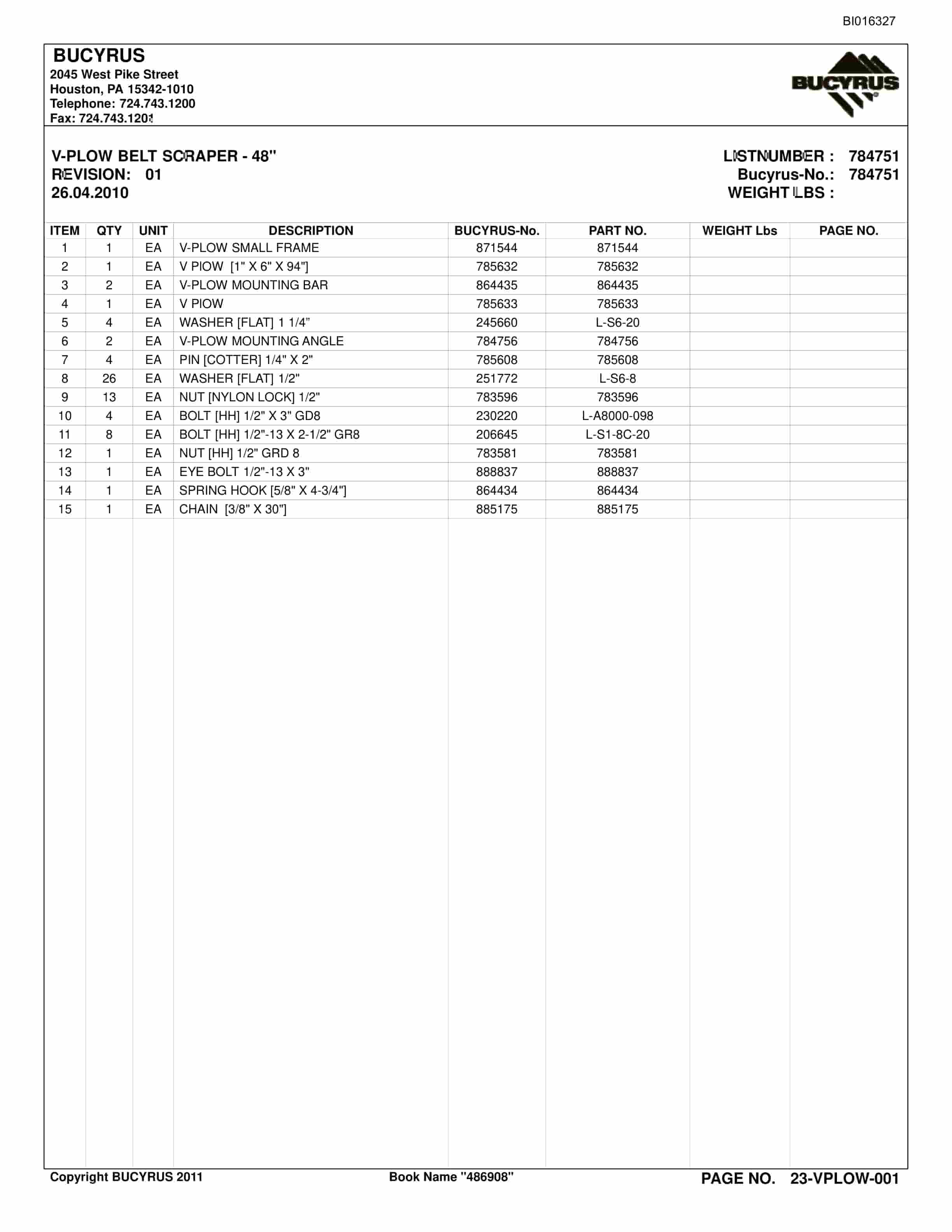 Bucyrus Belt System Parts Catalog BI016327-5