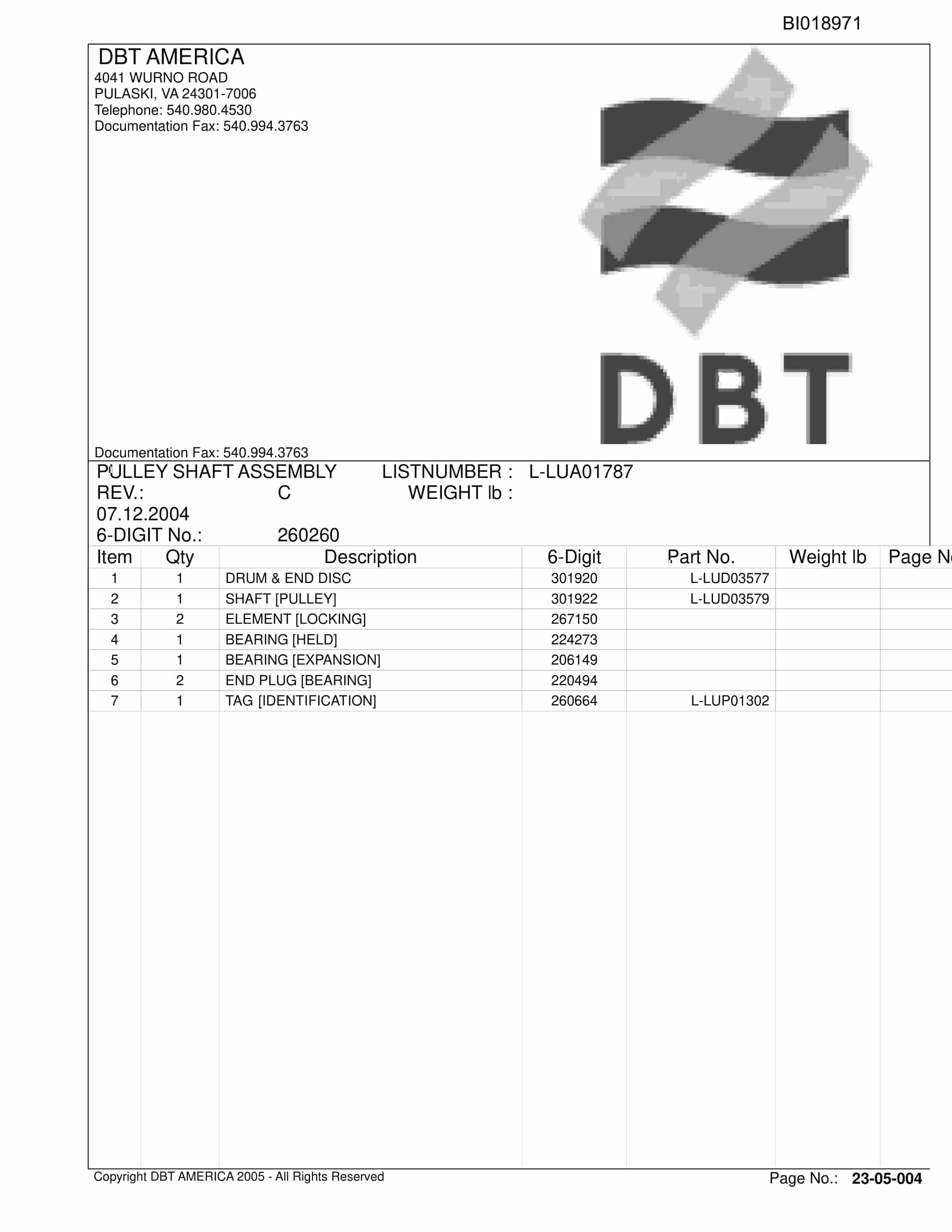 Bucyrus Belt System Parts Catalog BI018971-2