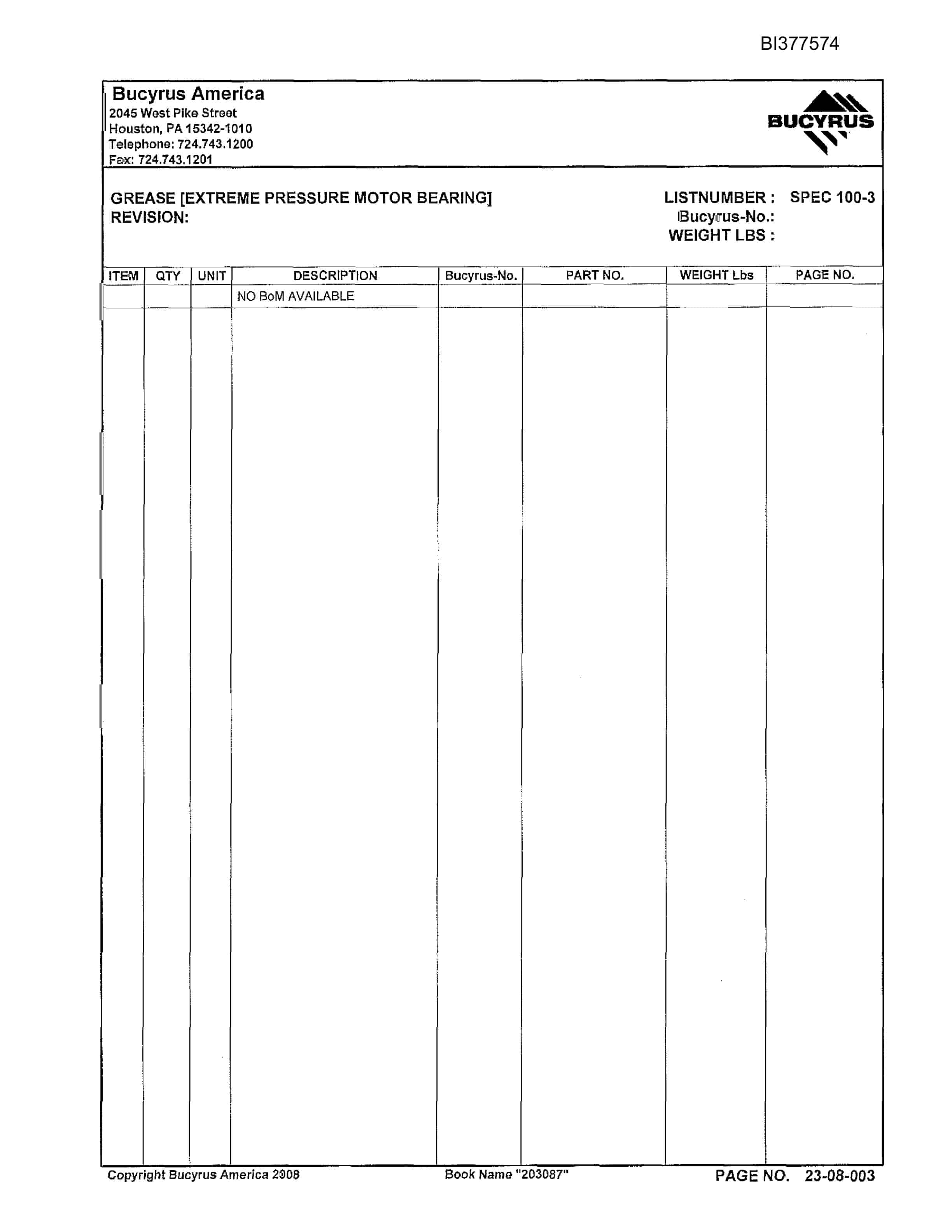 Bucyrus Belt System Parts Catalog BI377574-5