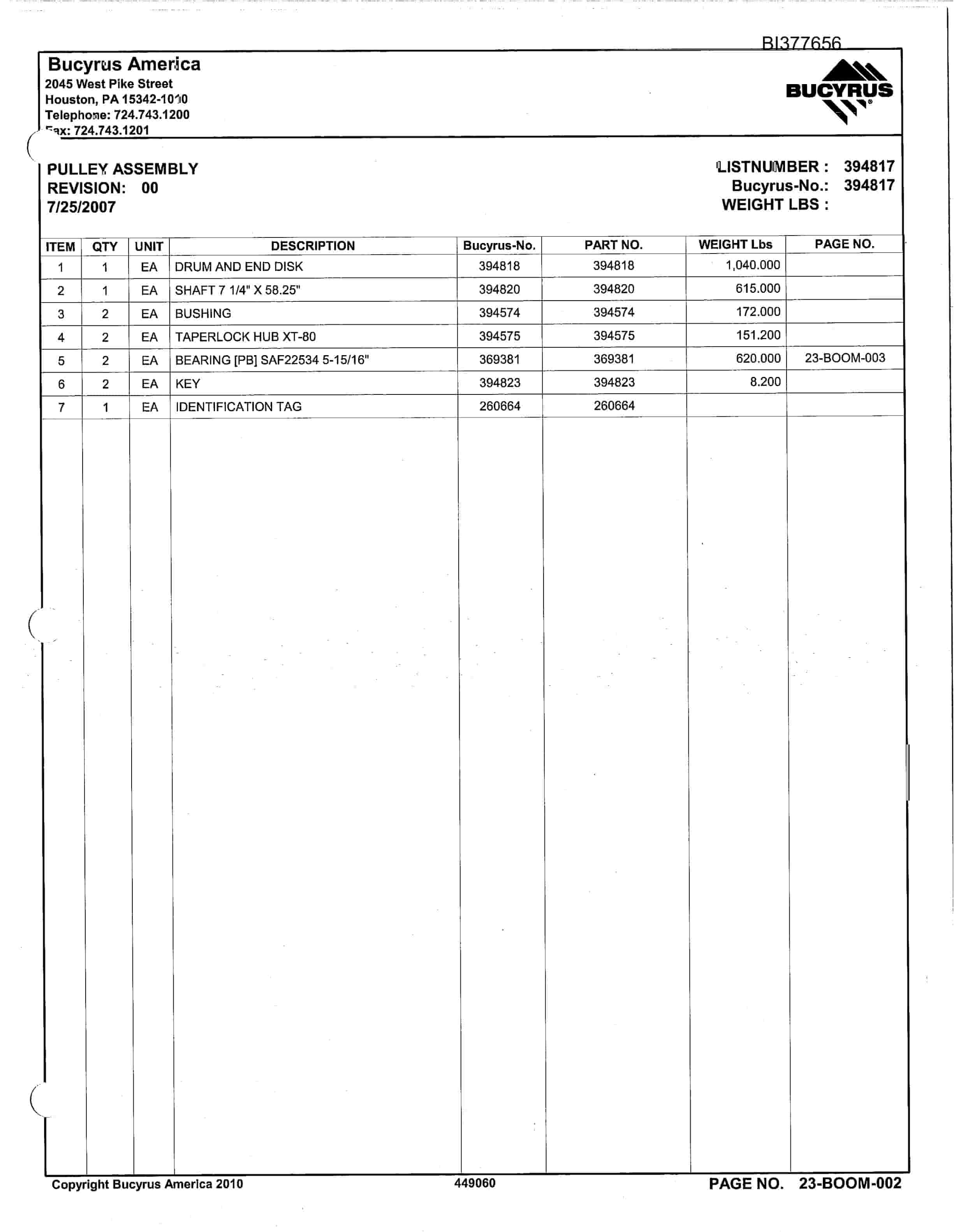 Bucyrus Belt System Parts Catalog BI377656-4