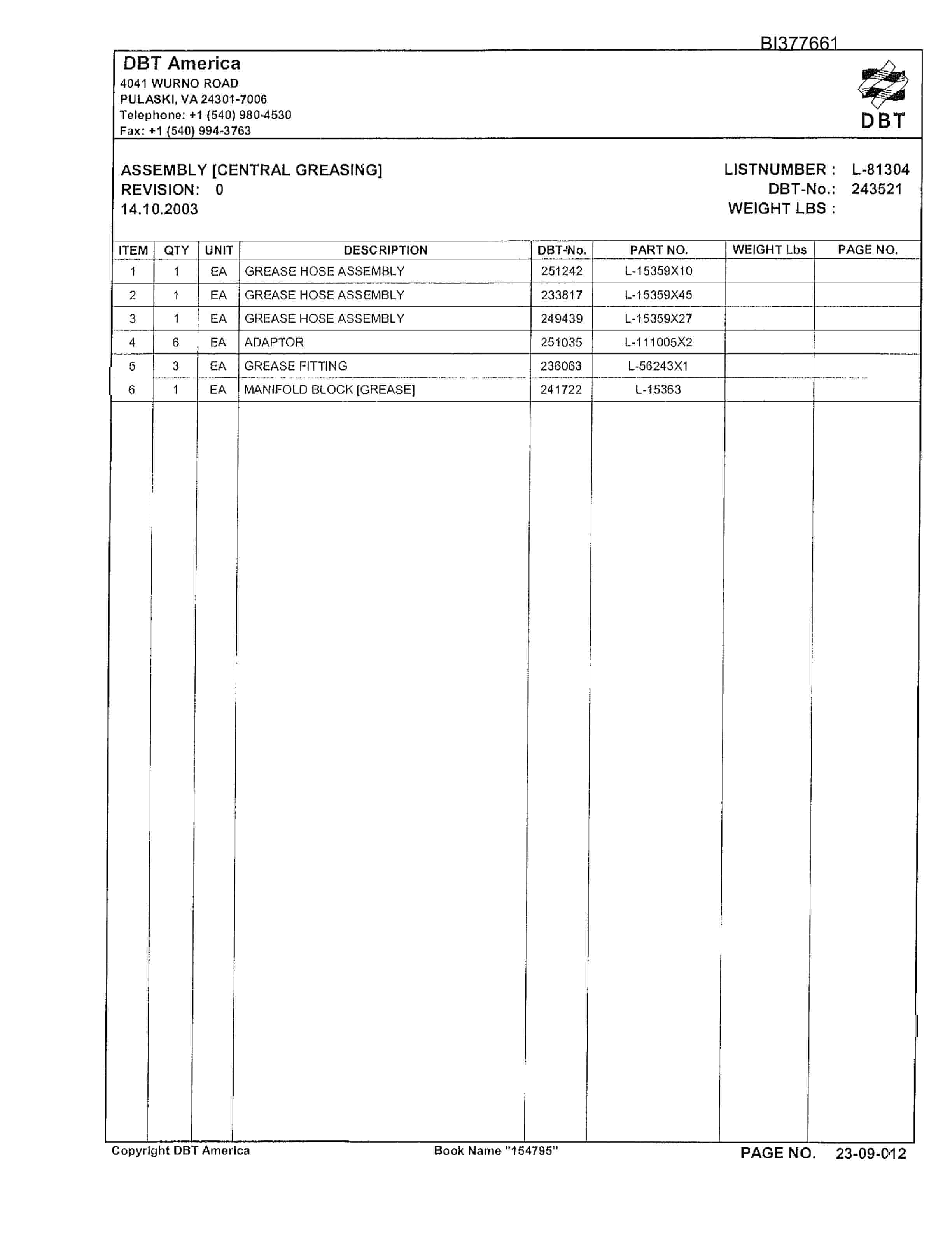 Bucyrus Belt System Parts Catalog BI377661-2