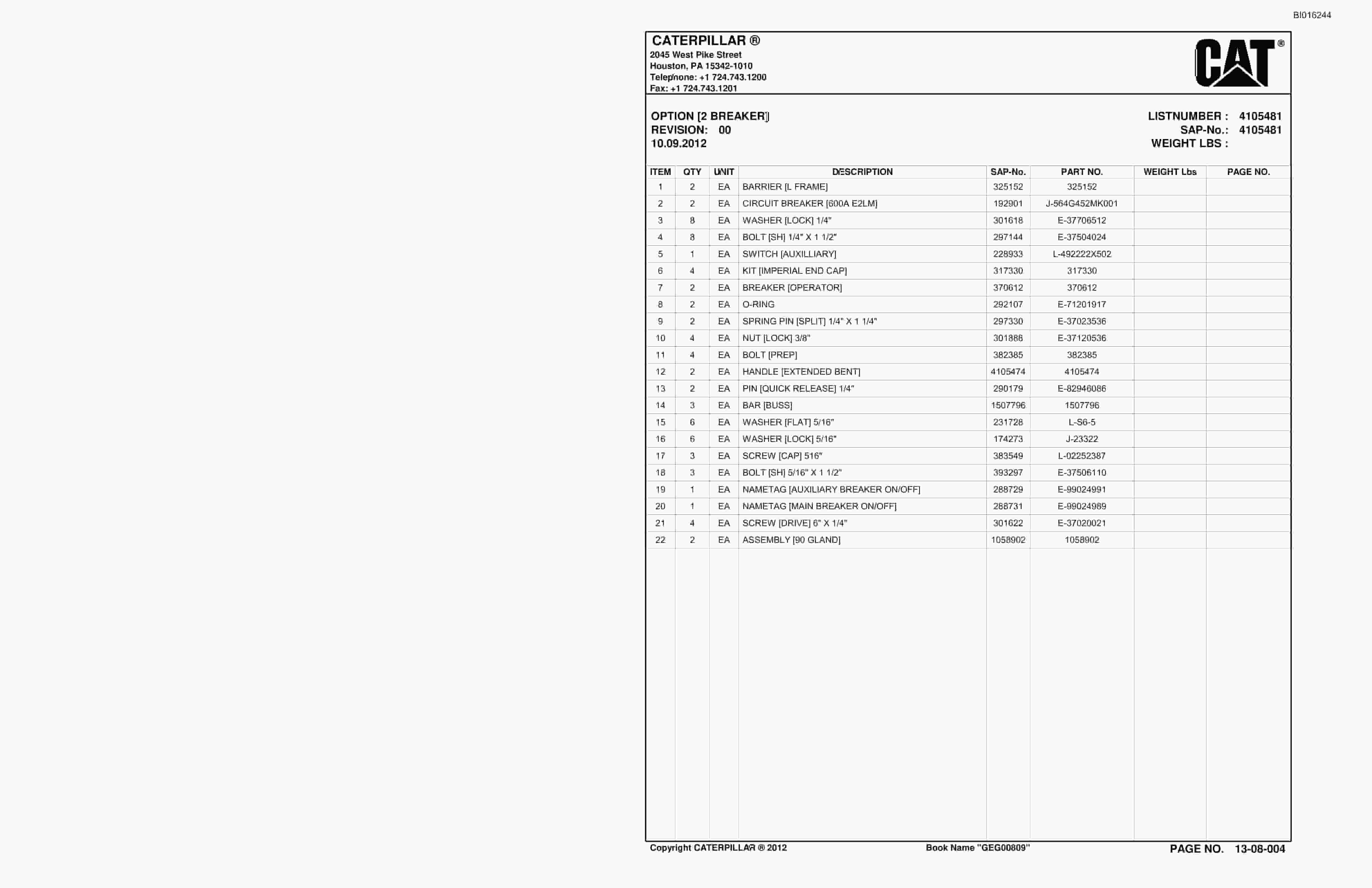 Bucyrus CM235 Continuous Miner Parts Catalog BI016244-5