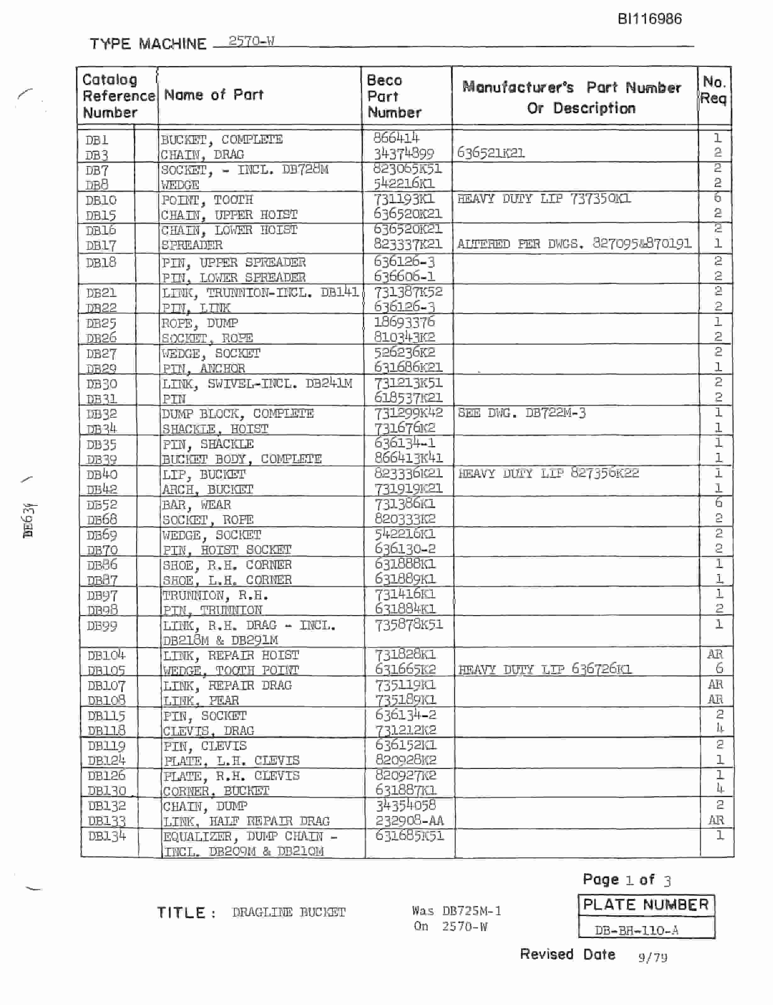Bucyrus Dragline Bucket Parts Catalog BI116986-3