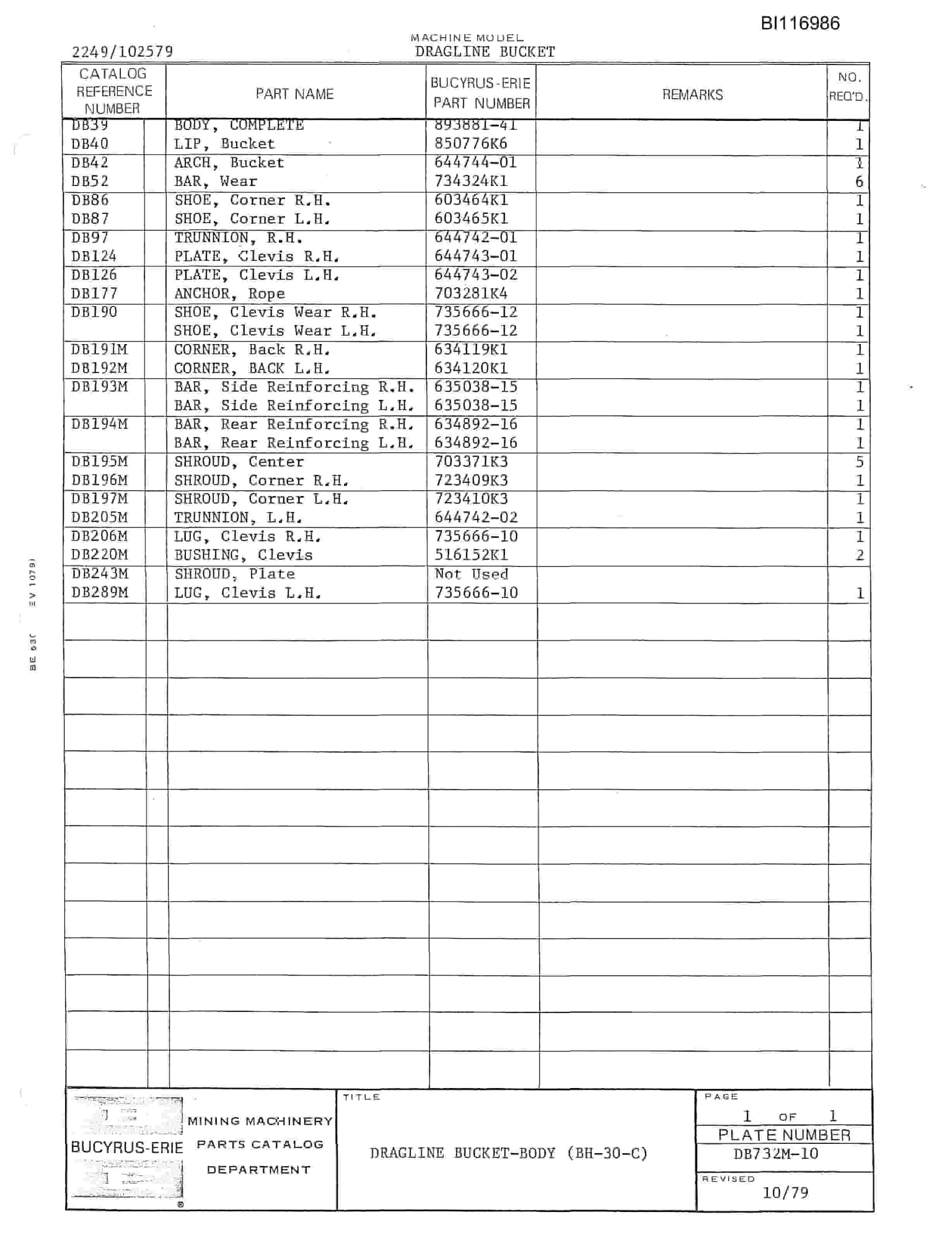 Bucyrus Dragline Bucket Parts Catalog BI116986-5