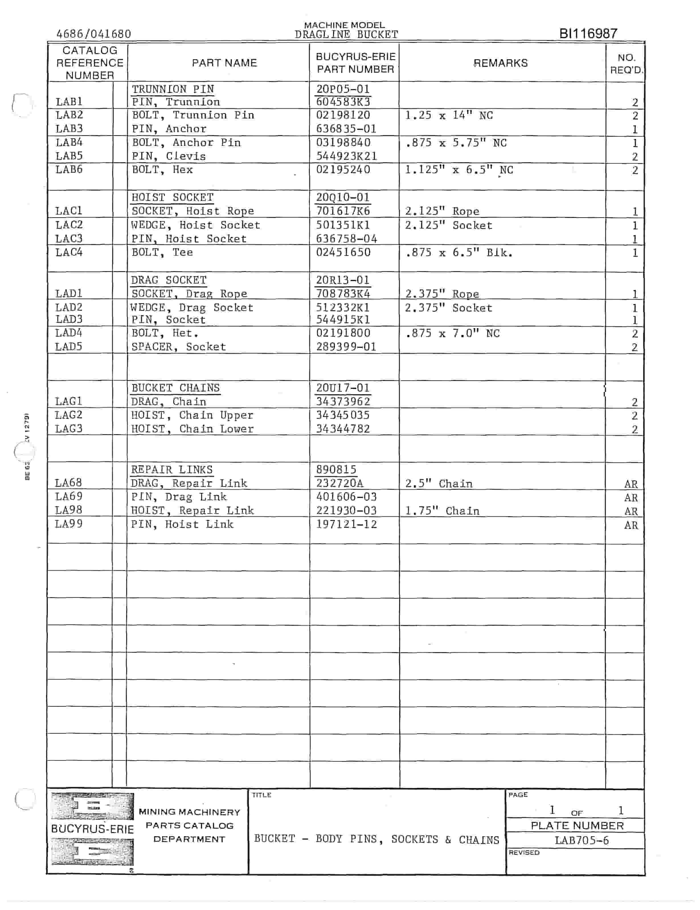 Bucyrus Dragline Bucket Parts Catalog BI116987-4