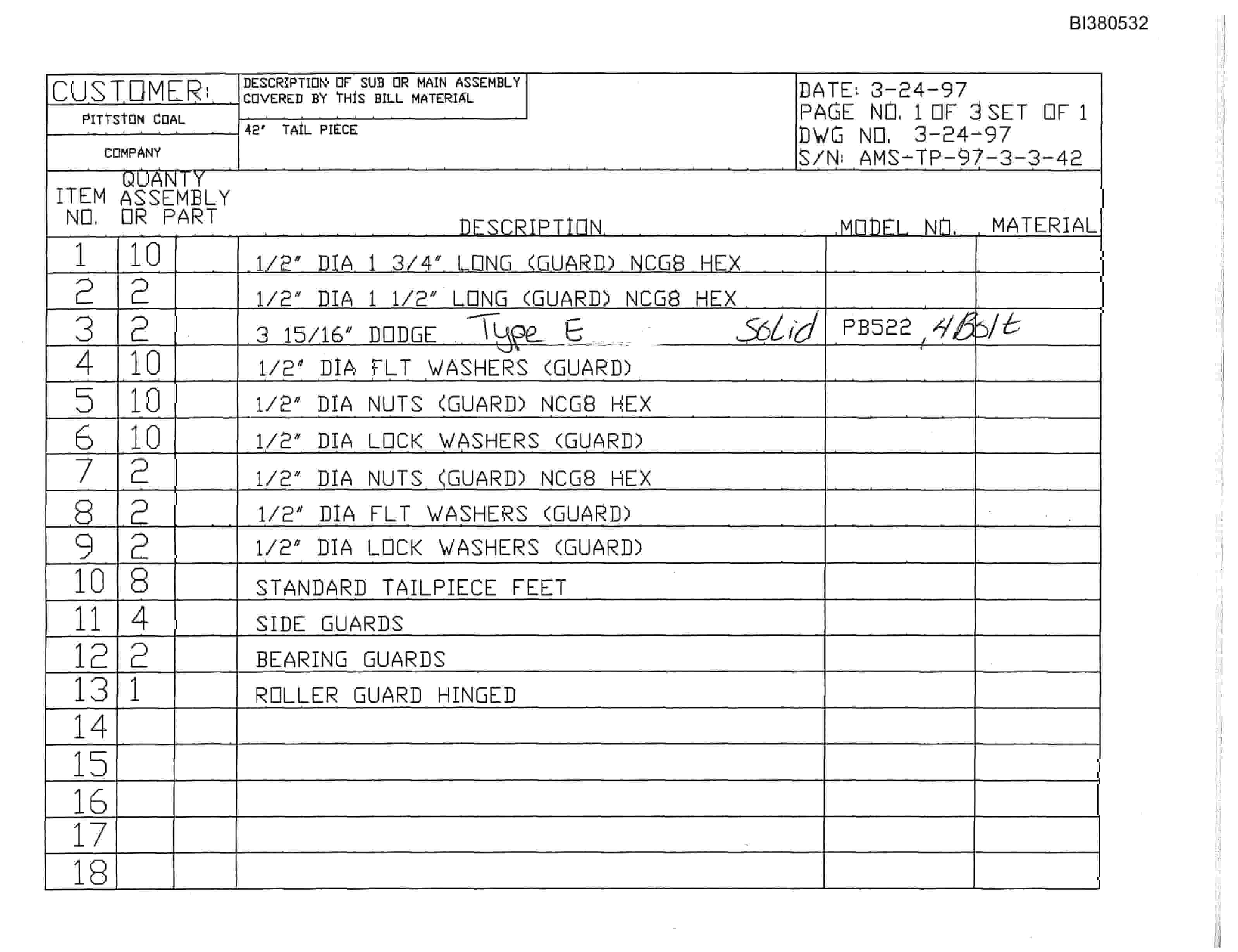Bucyrus Drive, Take-Up, Tailpiece Parts Catalog BI380532-5