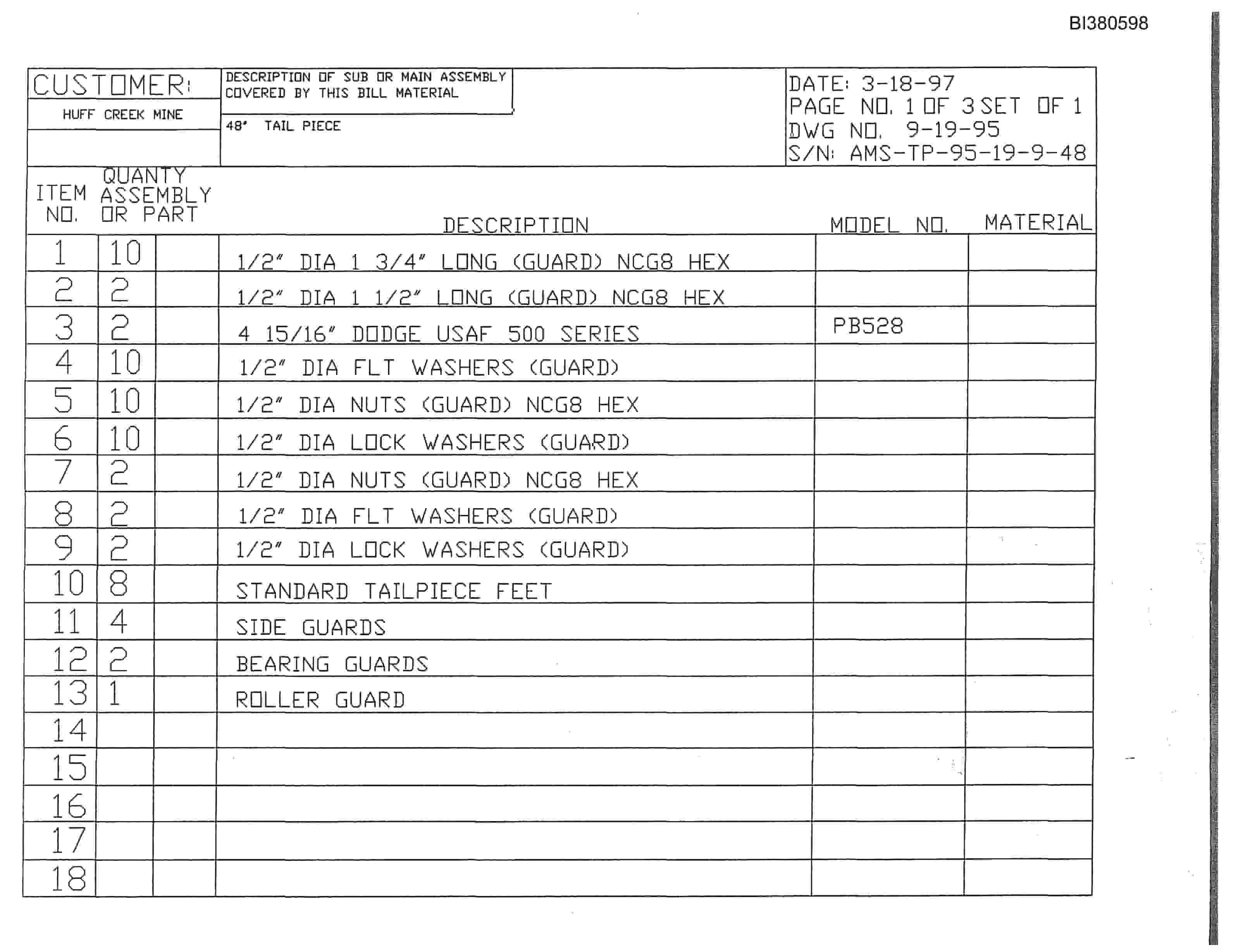 Bucyrus Drive, Take-Up, Tailpiece Parts Catalog BI380598-5
