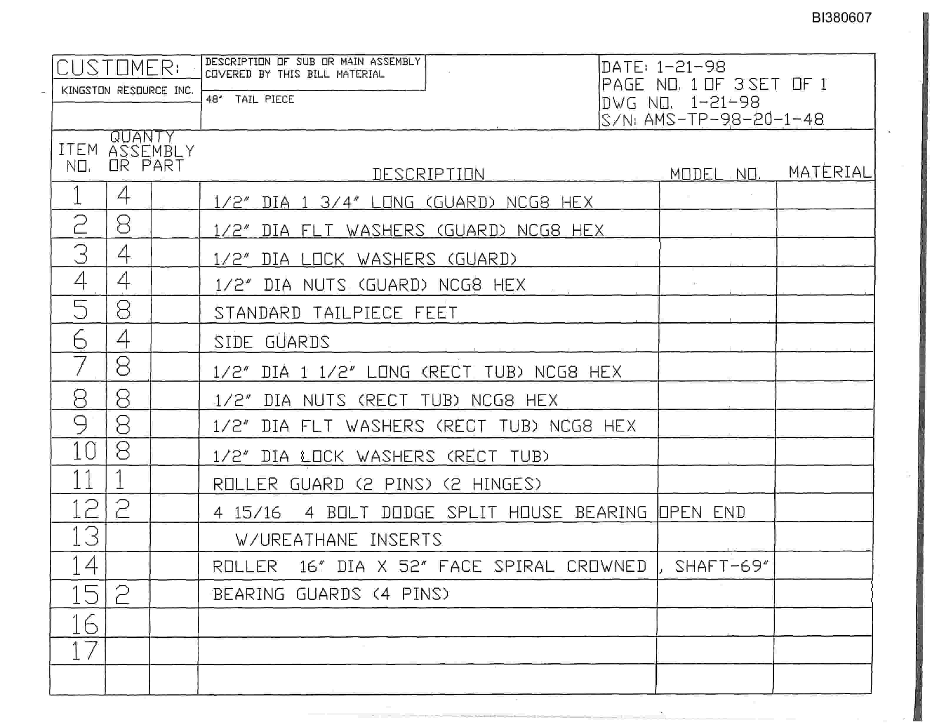 Bucyrus Drive, Take-Up, Tailpiece Parts Catalog BI380607-5