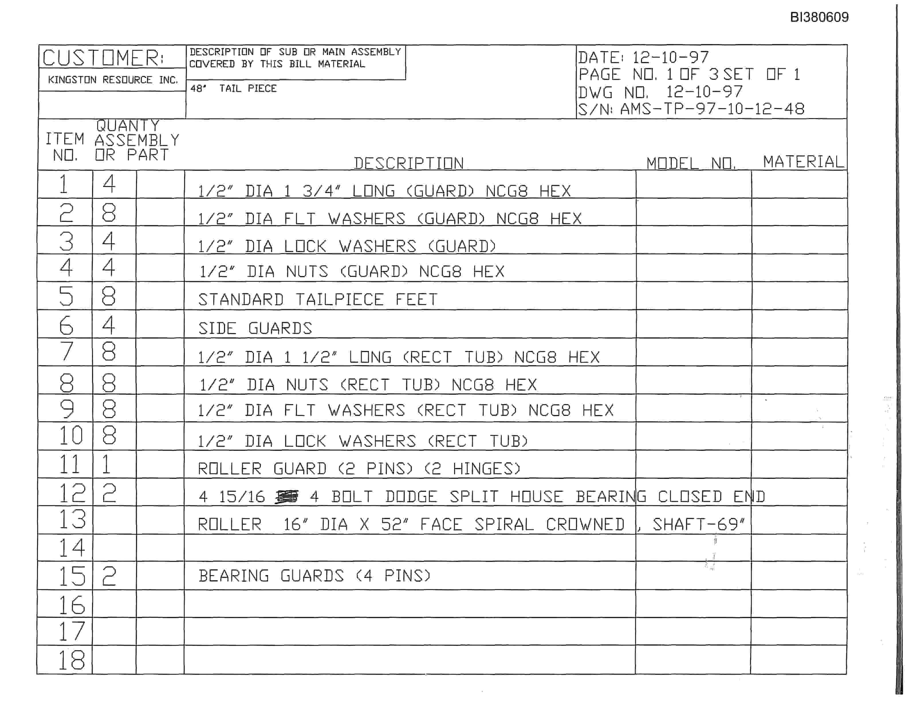 Bucyrus Drive, Take-Up, Tailpiece Parts Catalog BI380609-5