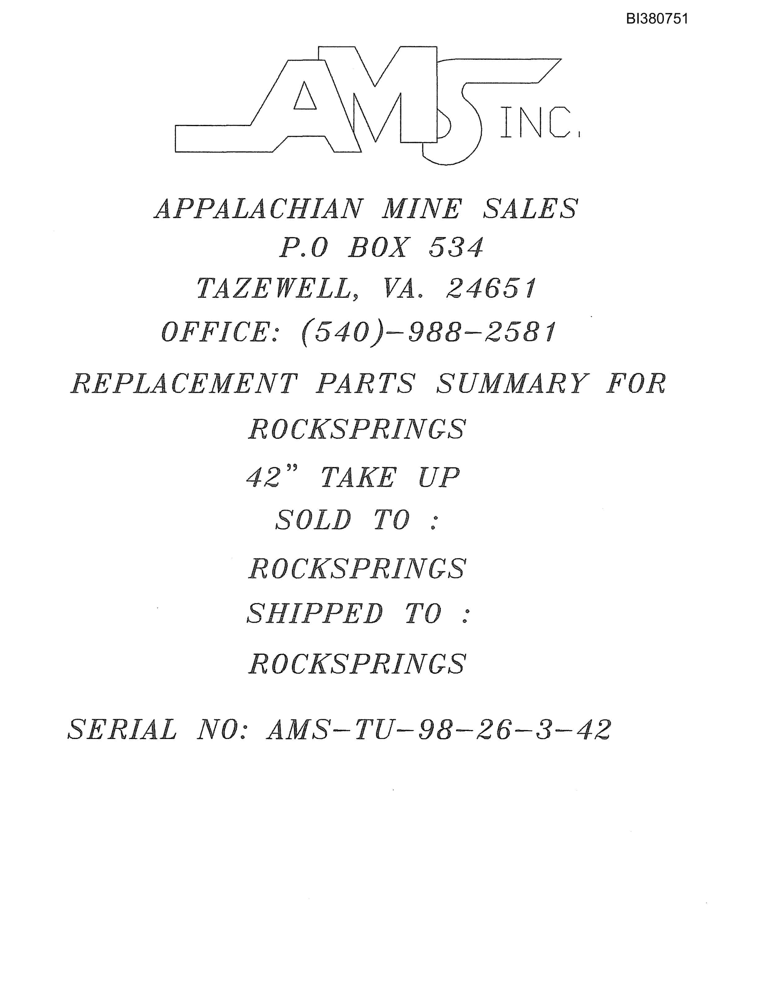 Bucyrus Drive, Take-Up, Tailpiece Parts Catalog BI380751-5