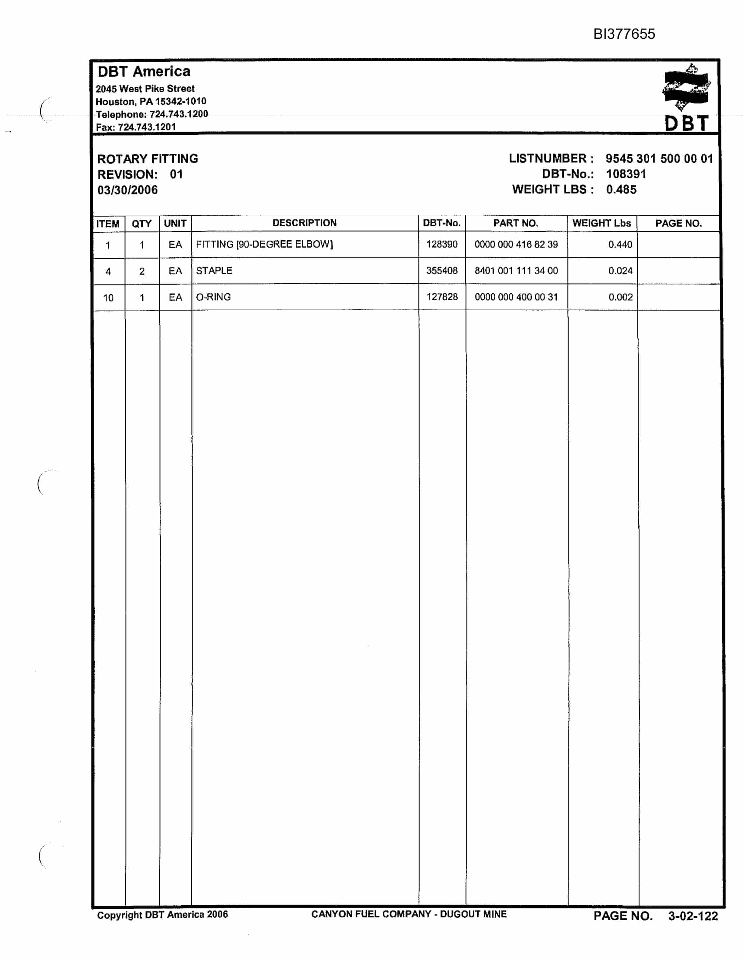 Bucyrus Dugout Mine Parts Catalog BI377655-2