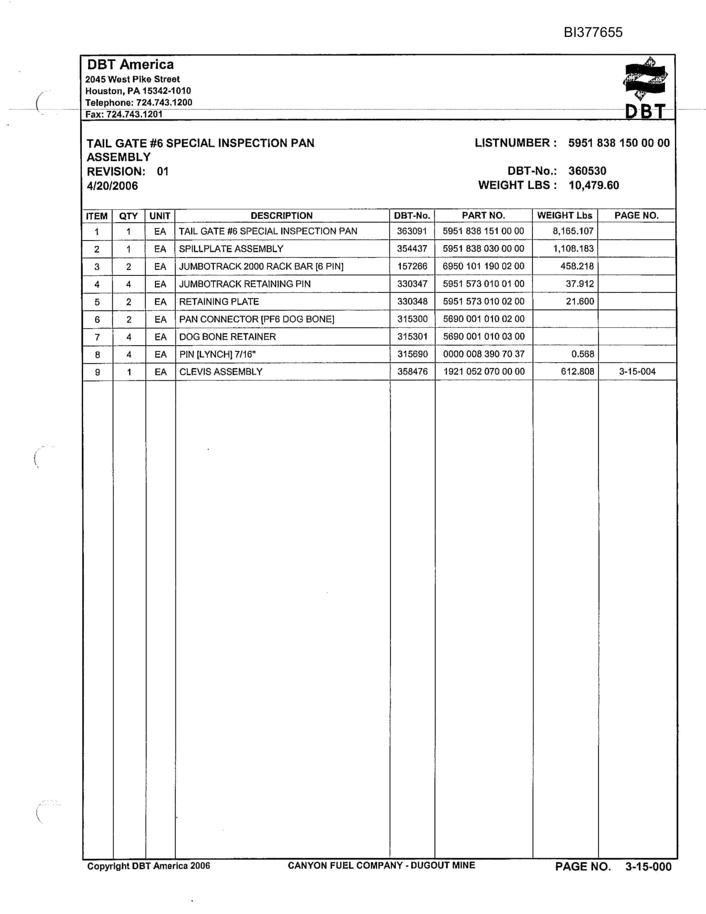 Bucyrus Dugout Mine Parts Catalog BI377655-3