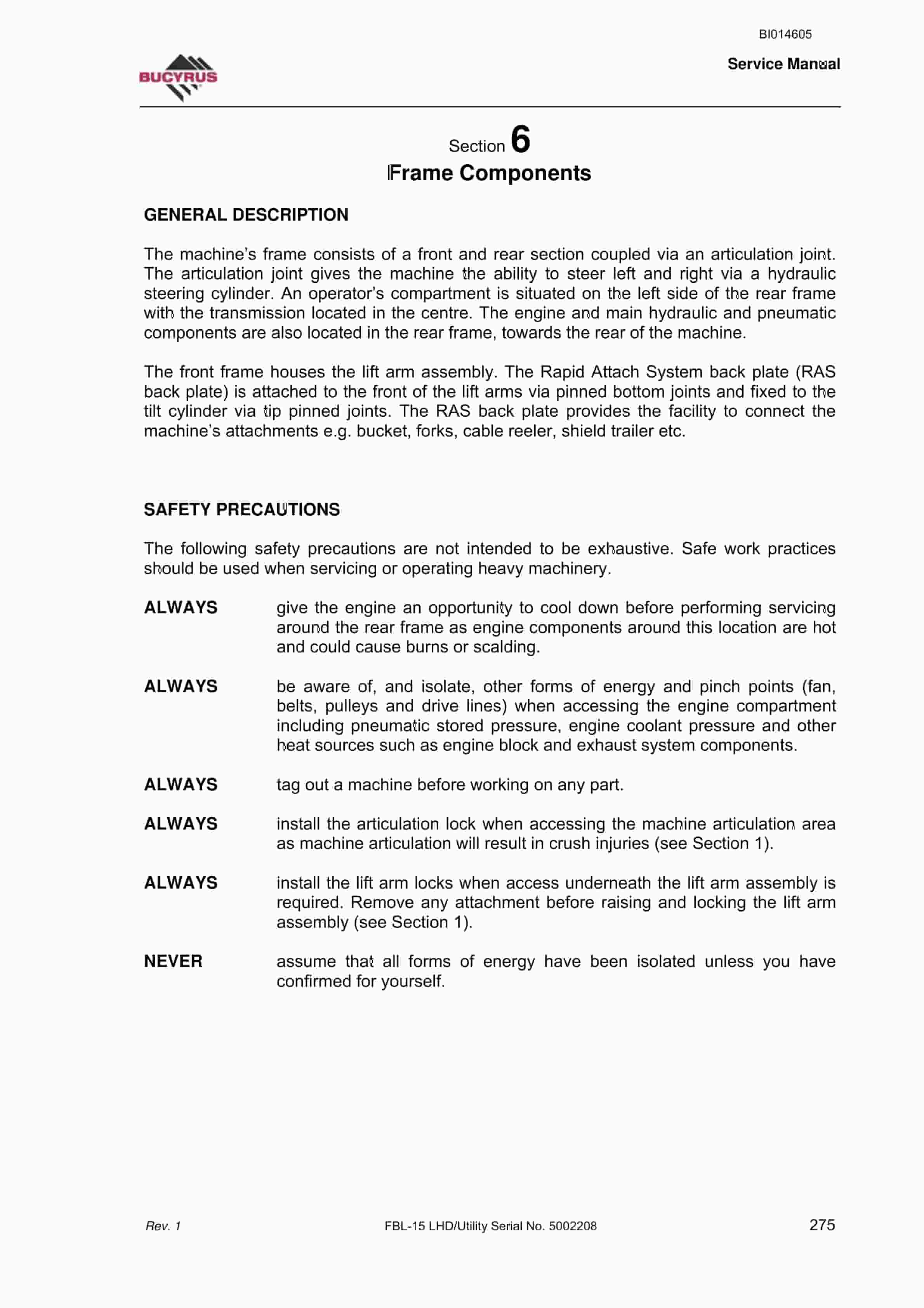 Bucyrus FBL-15 LHD - Utility Service Manual BI014605 5 Bucyrus FBL-15 LHD - Utility Service Manual BI014605 - Image 5