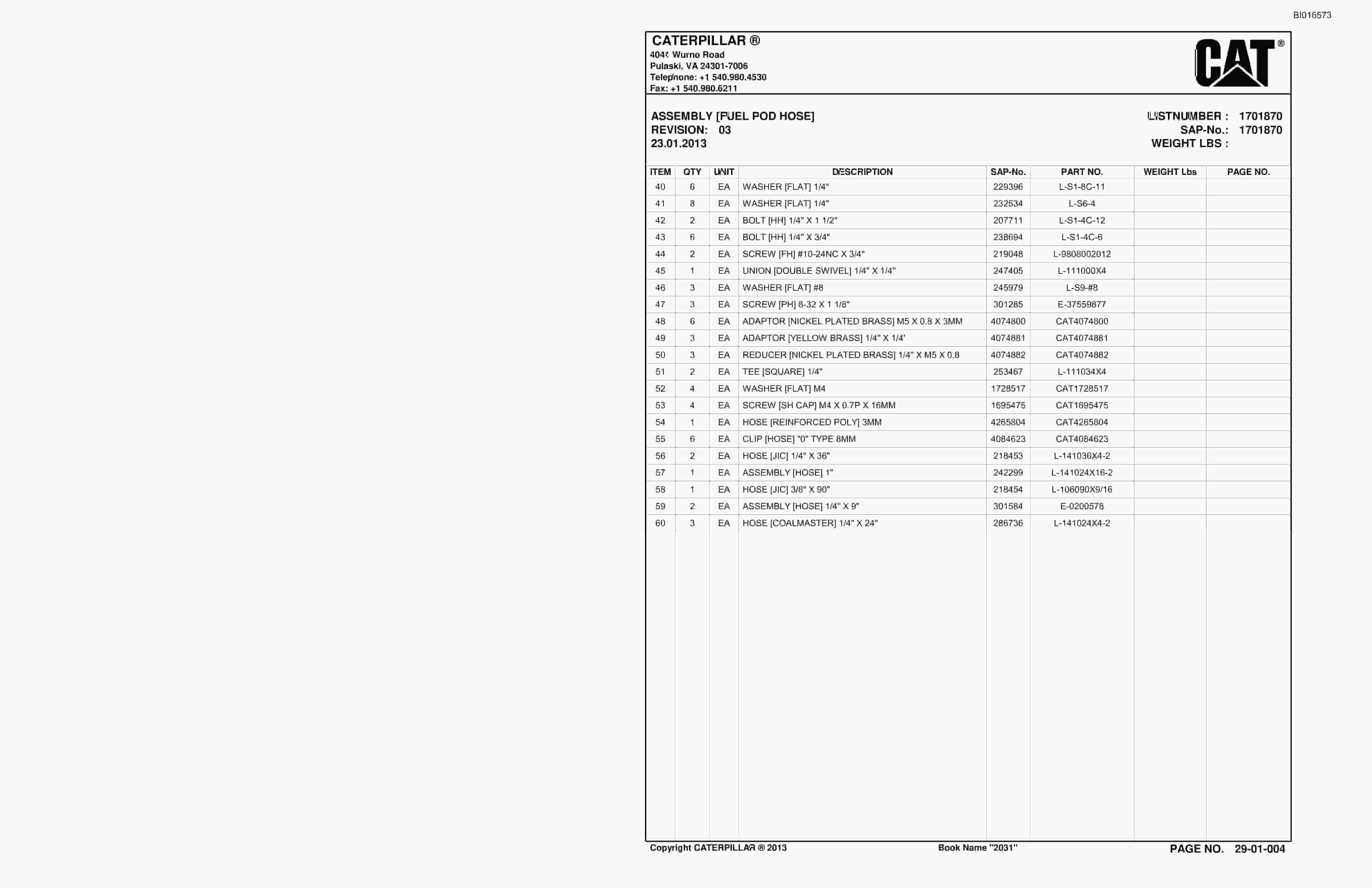 Bucyrus Fuel Pod Parts Catalog BI016573-2