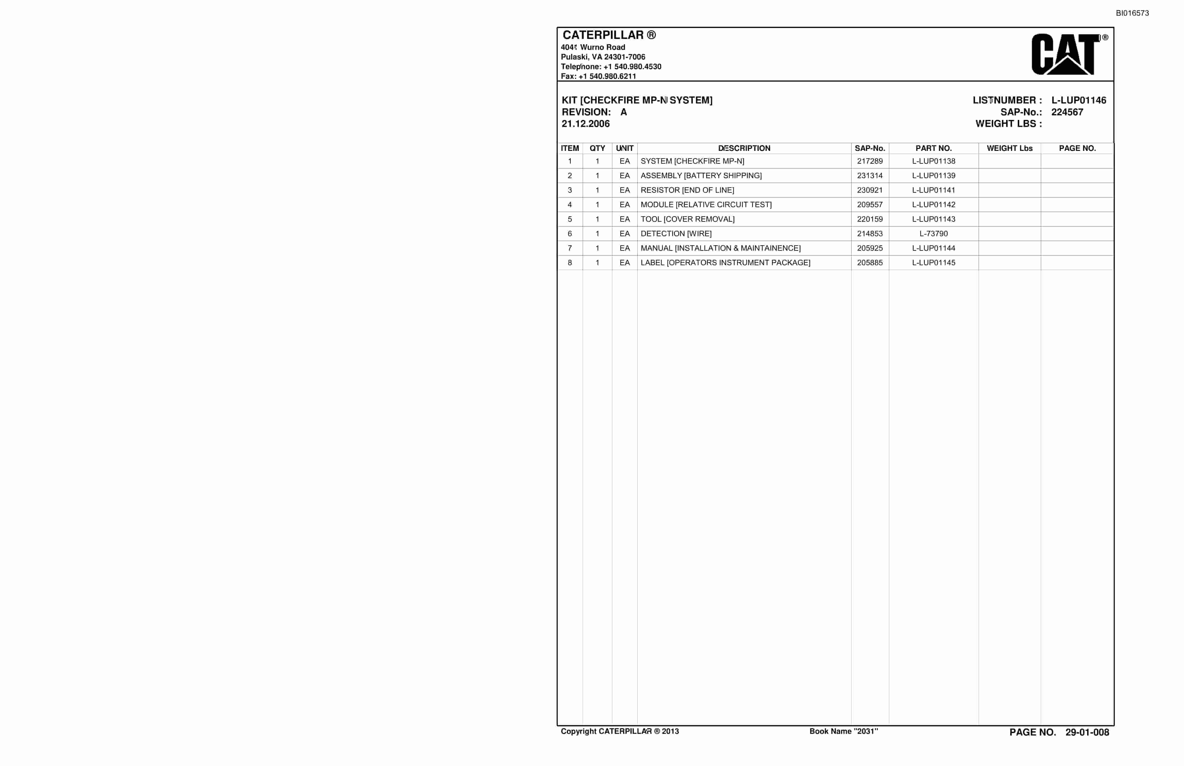 Bucyrus Fuel Pod Parts Catalog BI016573-3
