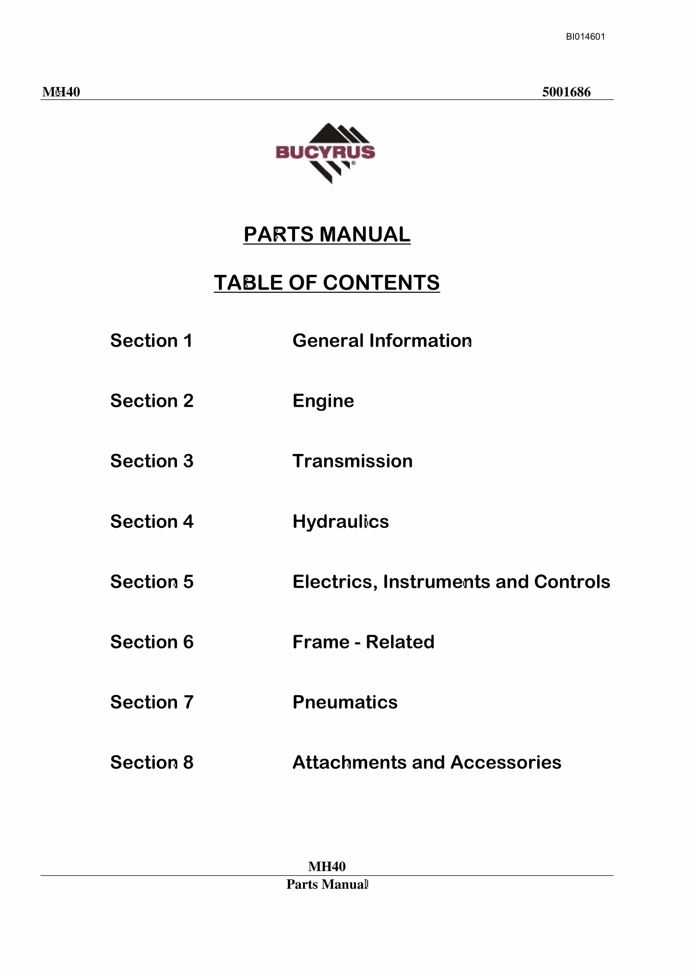 Bucyrus MH-40 Shield Hauler Parts Manual BI014601