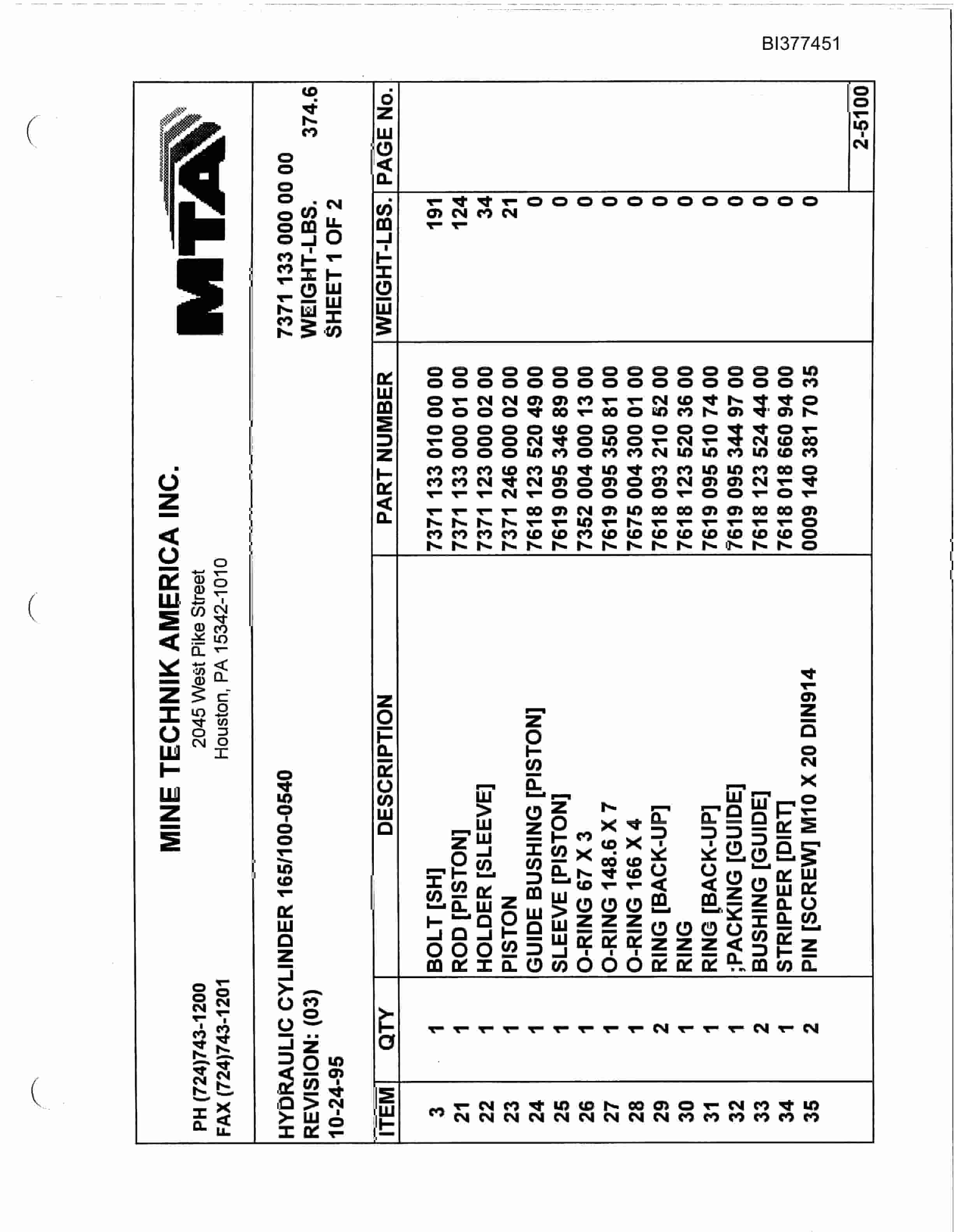 Bucyrus Oxbow Mine Parts Catalog BI377451-5