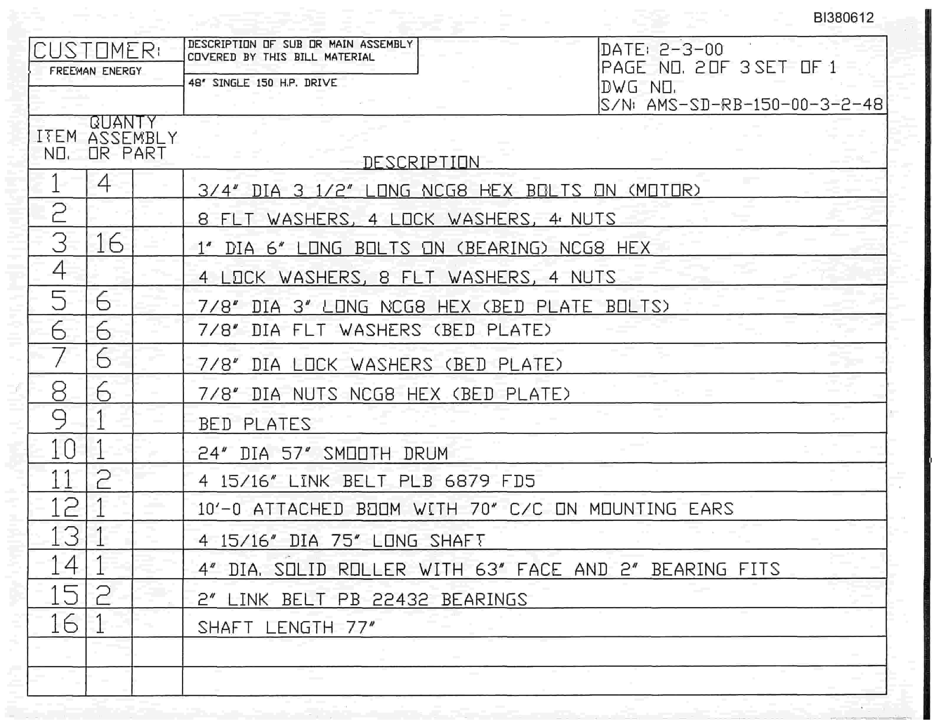 Bucyrus Rebuilt 48in Single 150HP Drive Parts Catalog BI380612-5