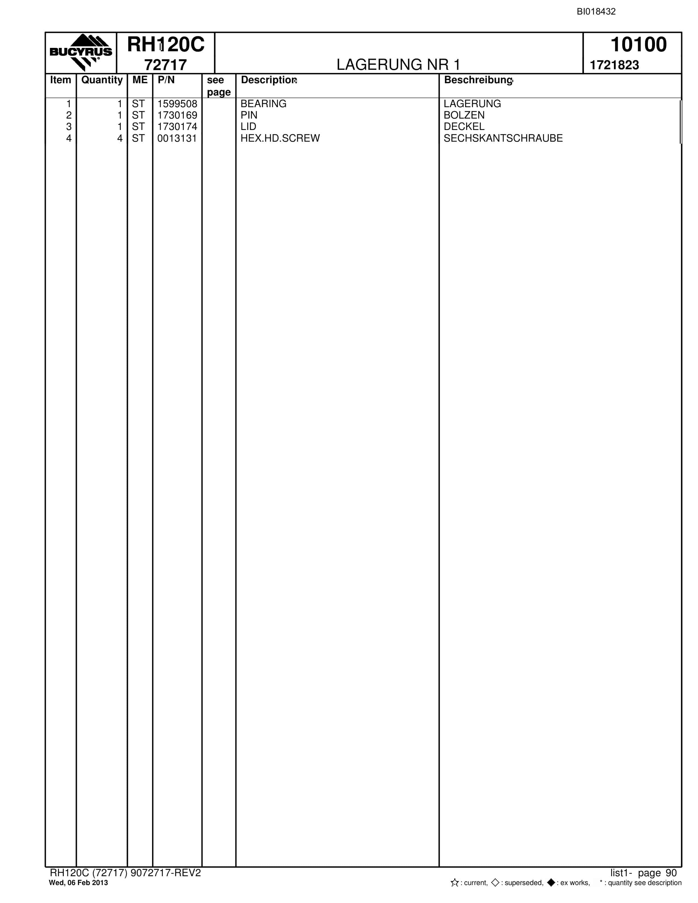 Bucyrus RH120C Hydraulic Excavator Parts Catalog BI018432-5